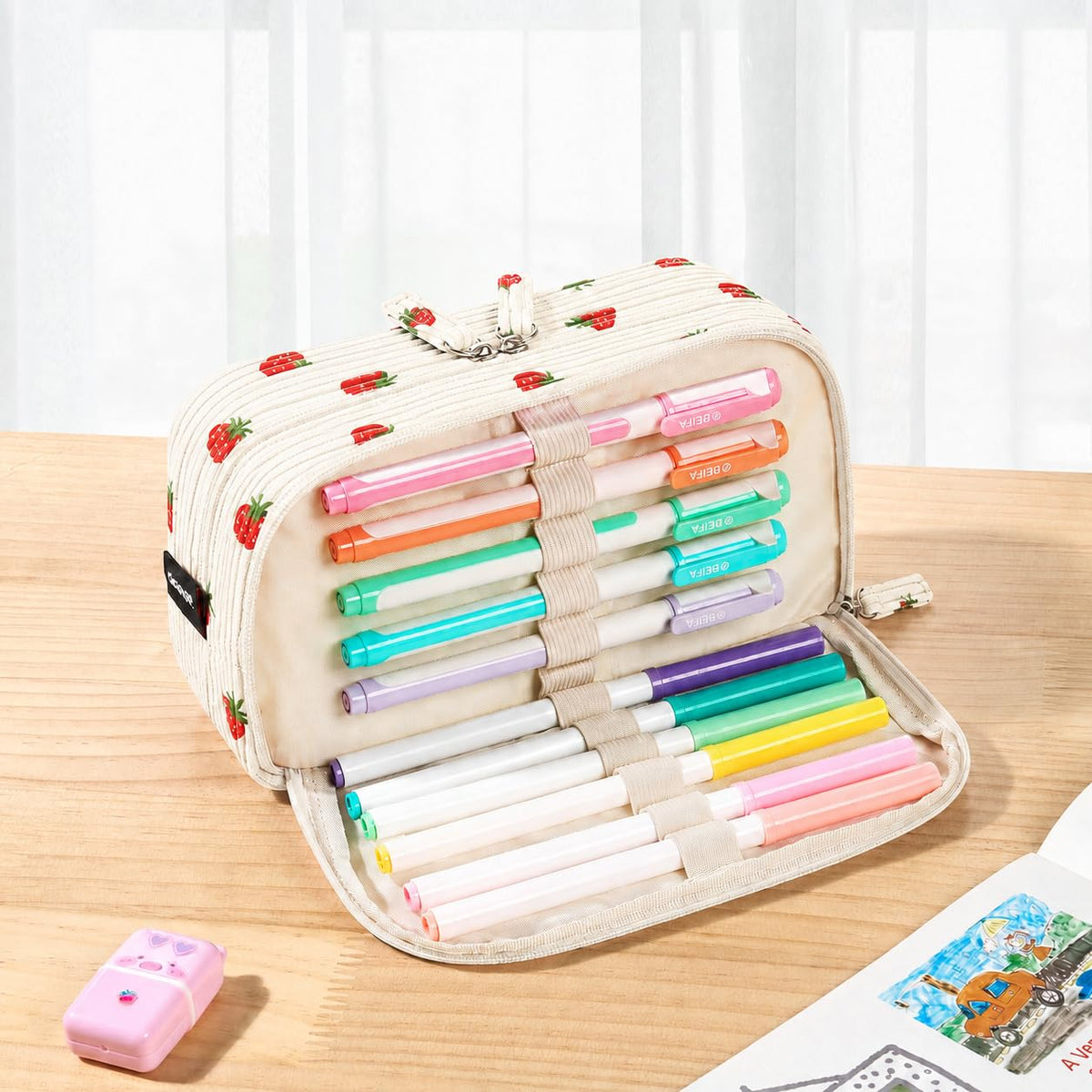 Sooez Big Capacity Pencil Case Pen Pouch, Soft Corduroy Pencil Bag with 3 Compartment, Multiple