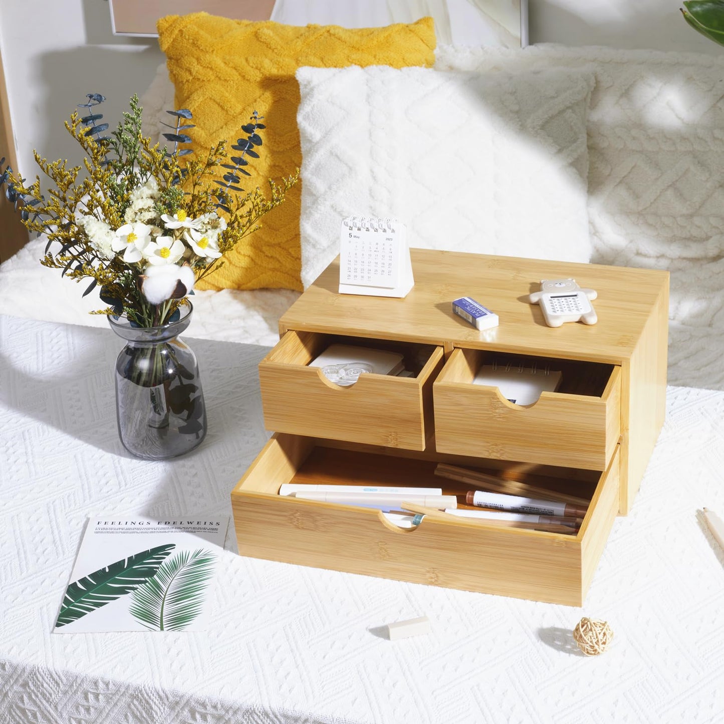 Charmewooden Bamboo Desk Organizer with 3 Drawers, Countertop Organizer with Drawers Makeup Storage