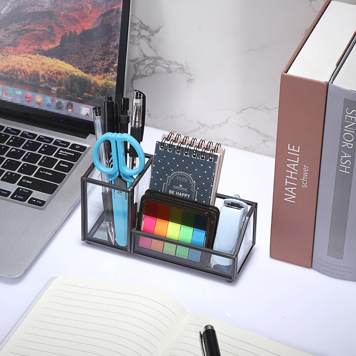 Hipiwe Clear Glass Business Card Holder with Pen Storage Holder, Black
