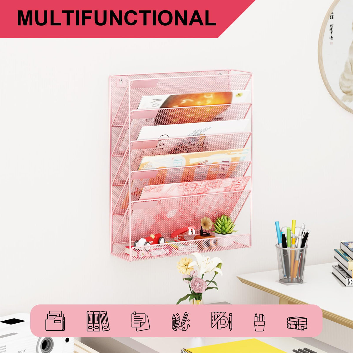 GDINDINFAN Wall File Organizer Holder Mesh Hanging Paper Document Holder, Vertical 6 Pocket Tier