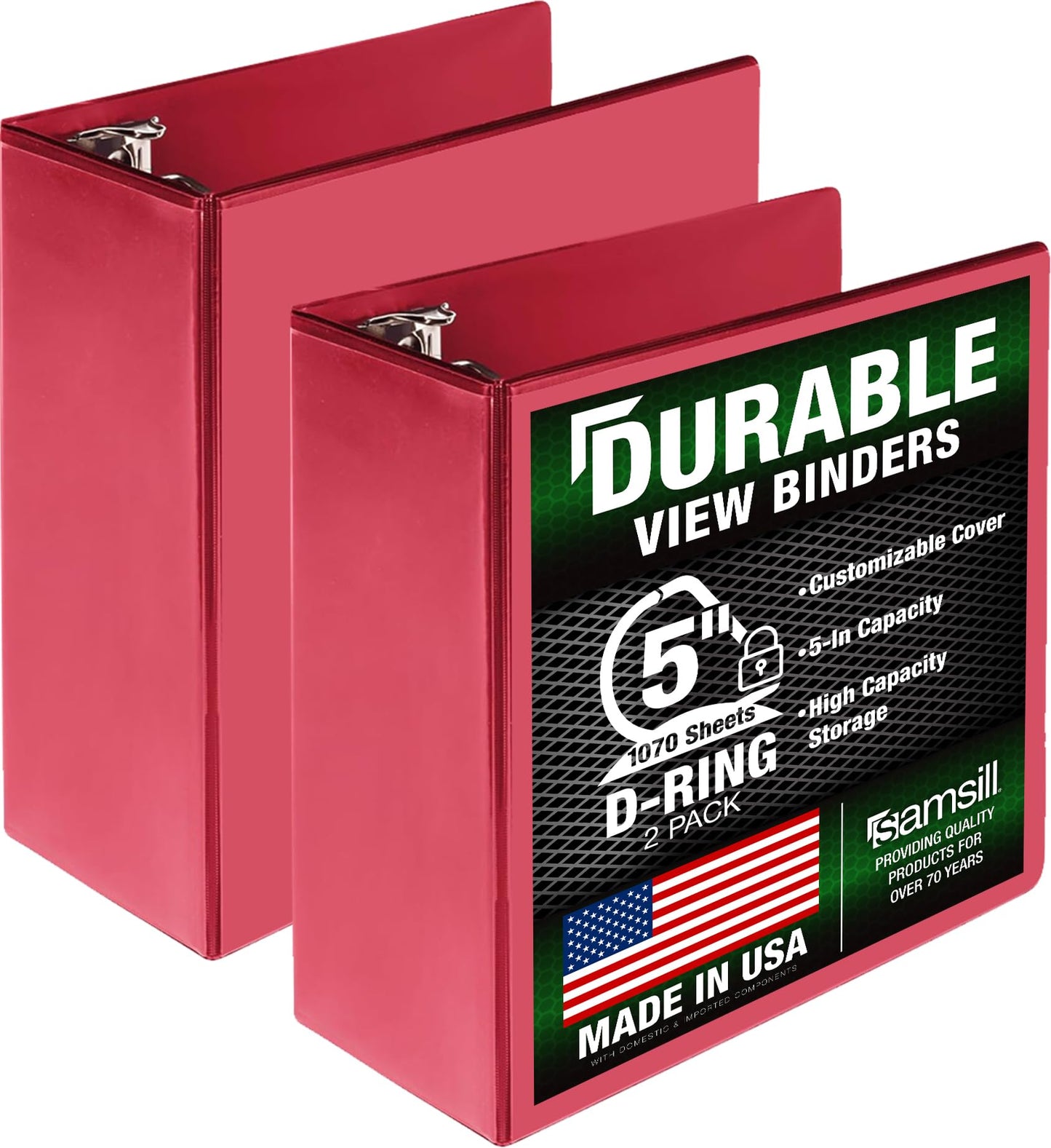Samsill Durable 5 Inch 3 Ring Binder, D Ring Binder, Customizable Clear View, Red, 2-Pack, Holds