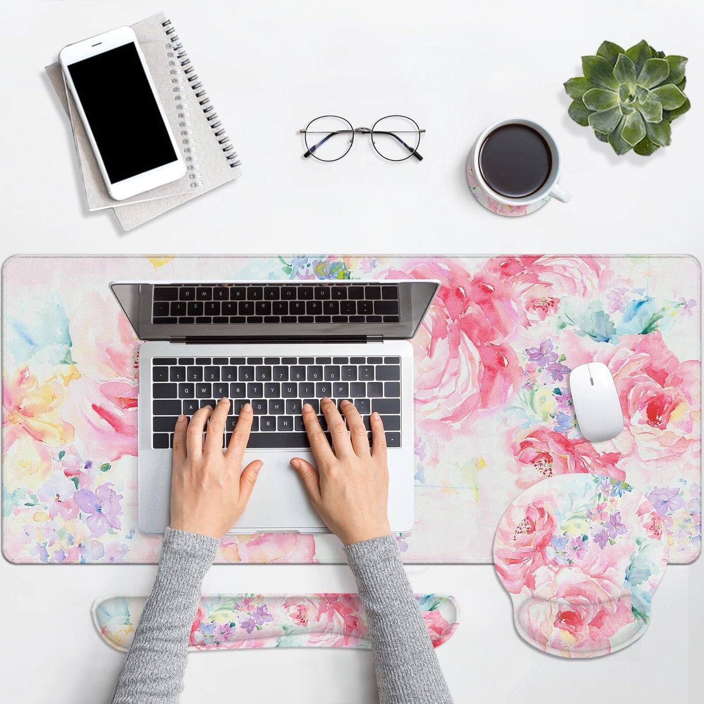 Arttown Keyboard Mouse Pad Set, 4 in 1 Desk Mat Set Watercolor Flower