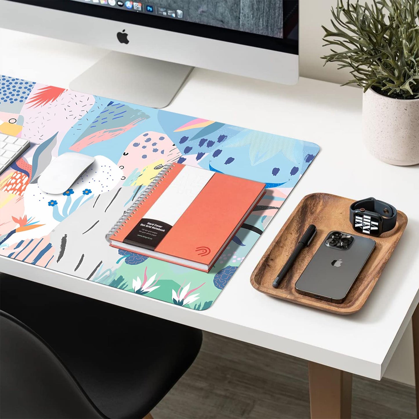 Floral Desk Mat, Non-Slip PU Leather Desk Pad, Blue Flower 23.6"x11.8"
