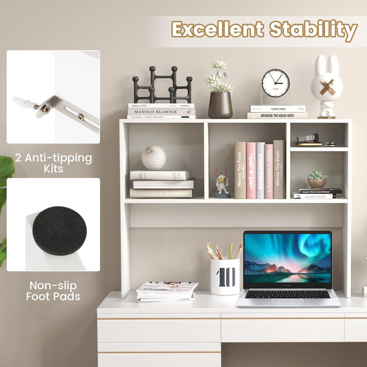 GIANTEX Desktop Bookshelf, Countertop Storage Hutch with 4 Shelves for Computer Desk, Dressing