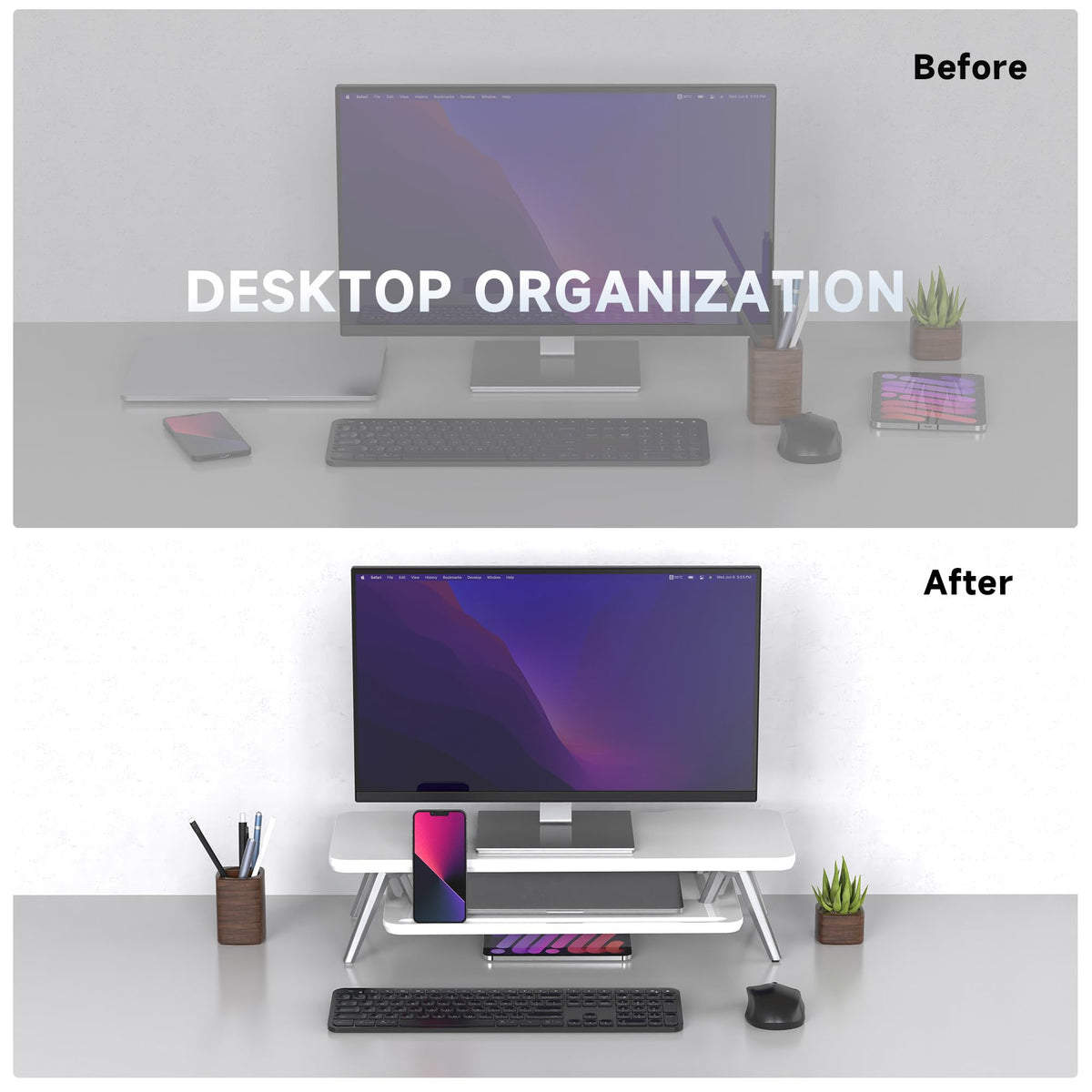 Fenge Monitor Stand Riser, Wooden Desk Shelf with 2-Tier Storage