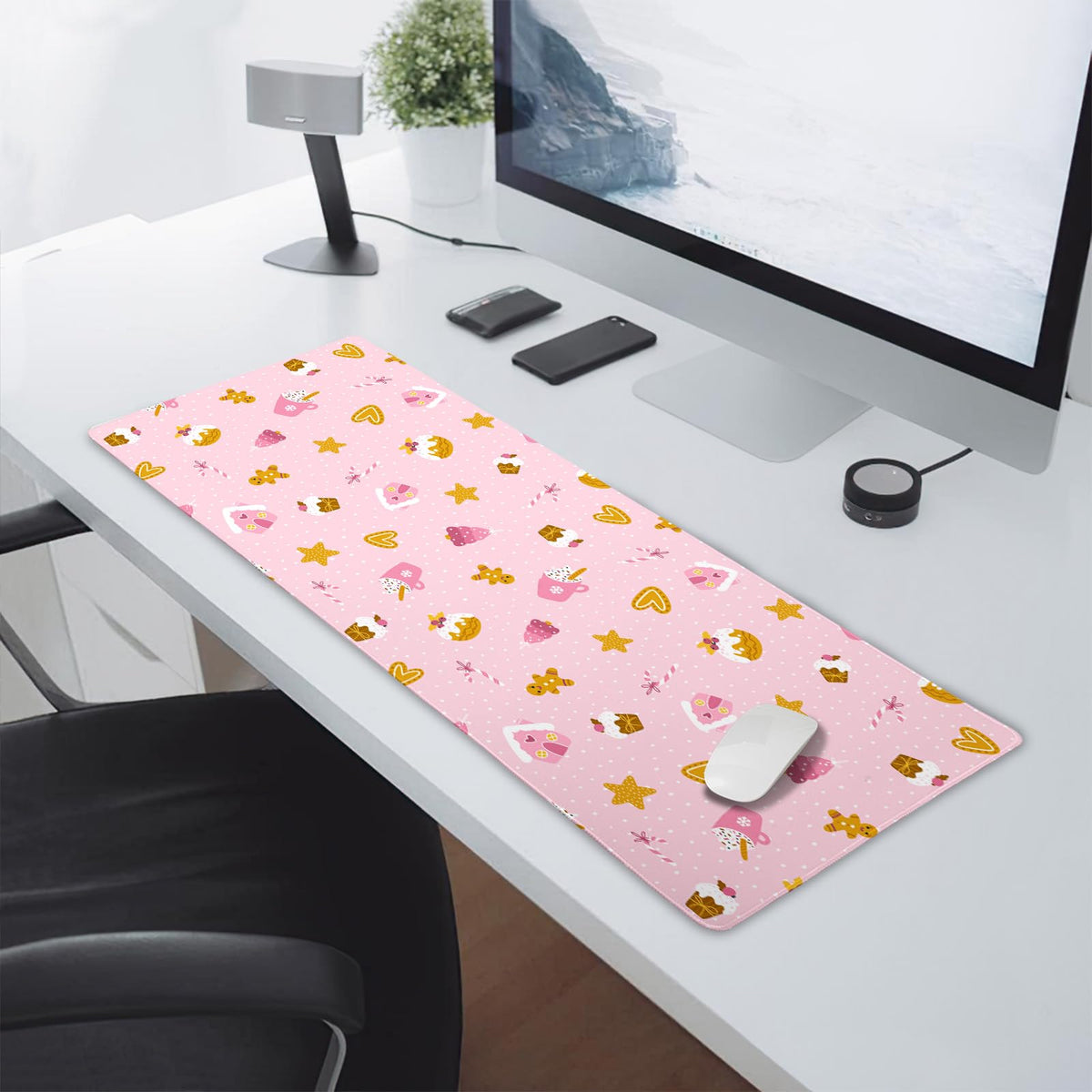 Pink Christmas Gaming Mouse Pad XL Cute Kawaii Cupcake Gingerbread Extended Big Large Desk Mat