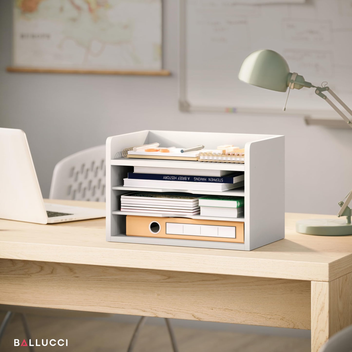 Ballucci File Organizer, 4-Tier Office Desk Organizer, Open Top Wood Paper Organizer for Classroom