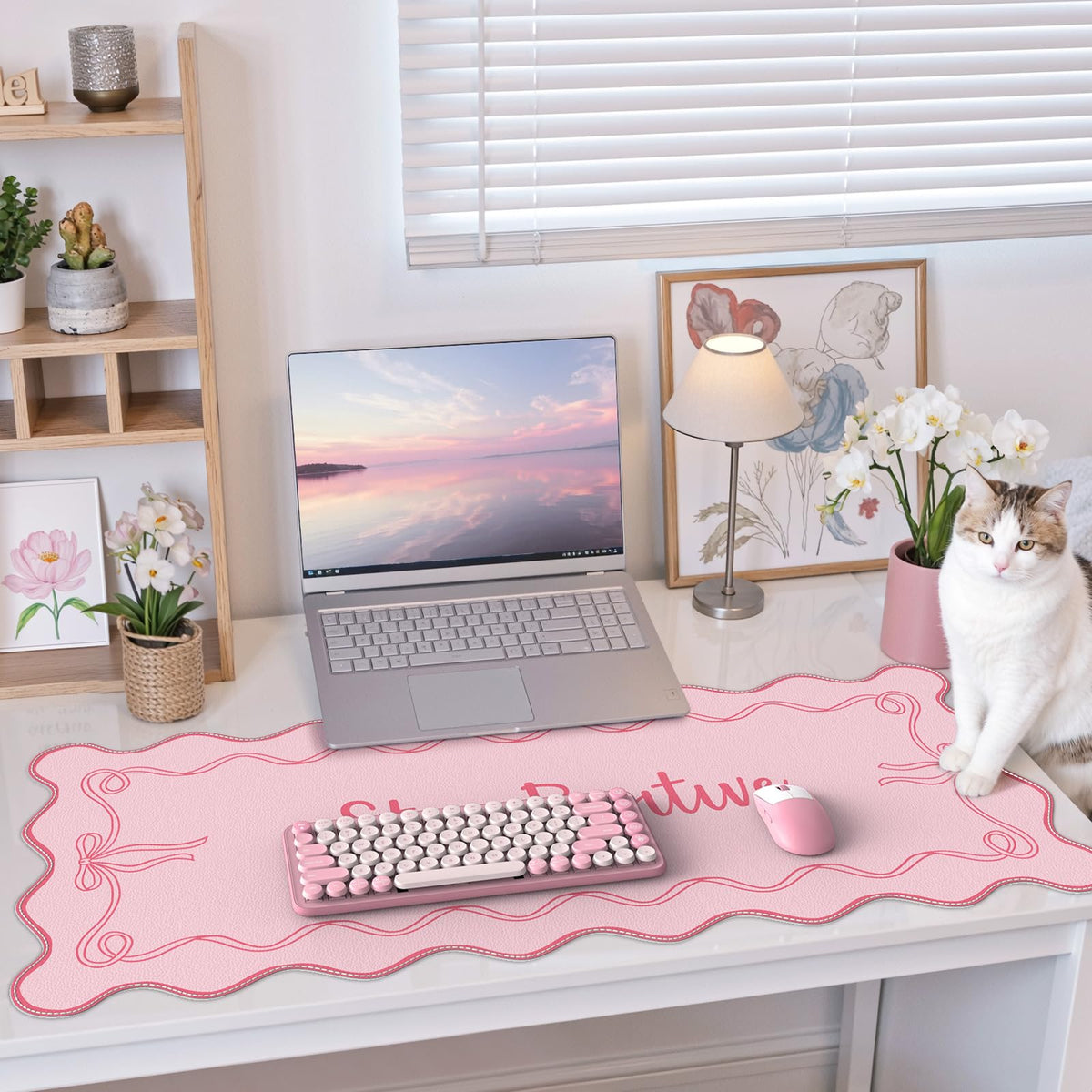 iCasso Pink Mouse Pad, Scalloped Desk Cover Mat, Leather Waterproof Desk Pad Mat for Desktop