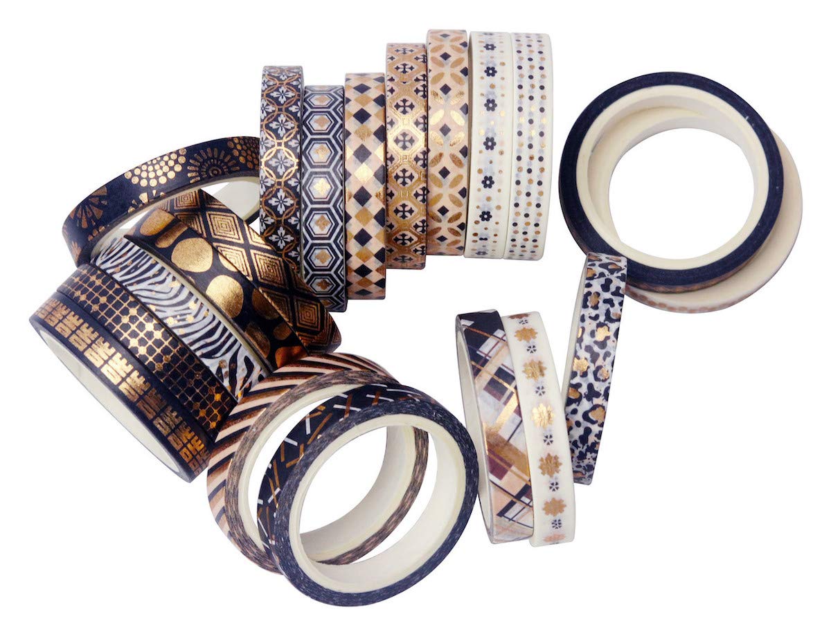 YUBBAEX 20 Rolls Washi Tape Set Black Gold Foil Print Decorative Tapes for Arts, DIY Crafts, Bullet