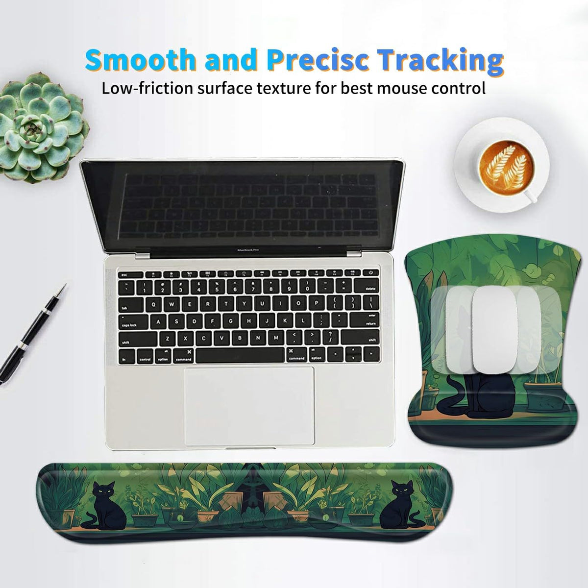 3Pcs Ergonomic Memory Foam Keyboard Wrist Rest Pad Set, Black Cat Leaf