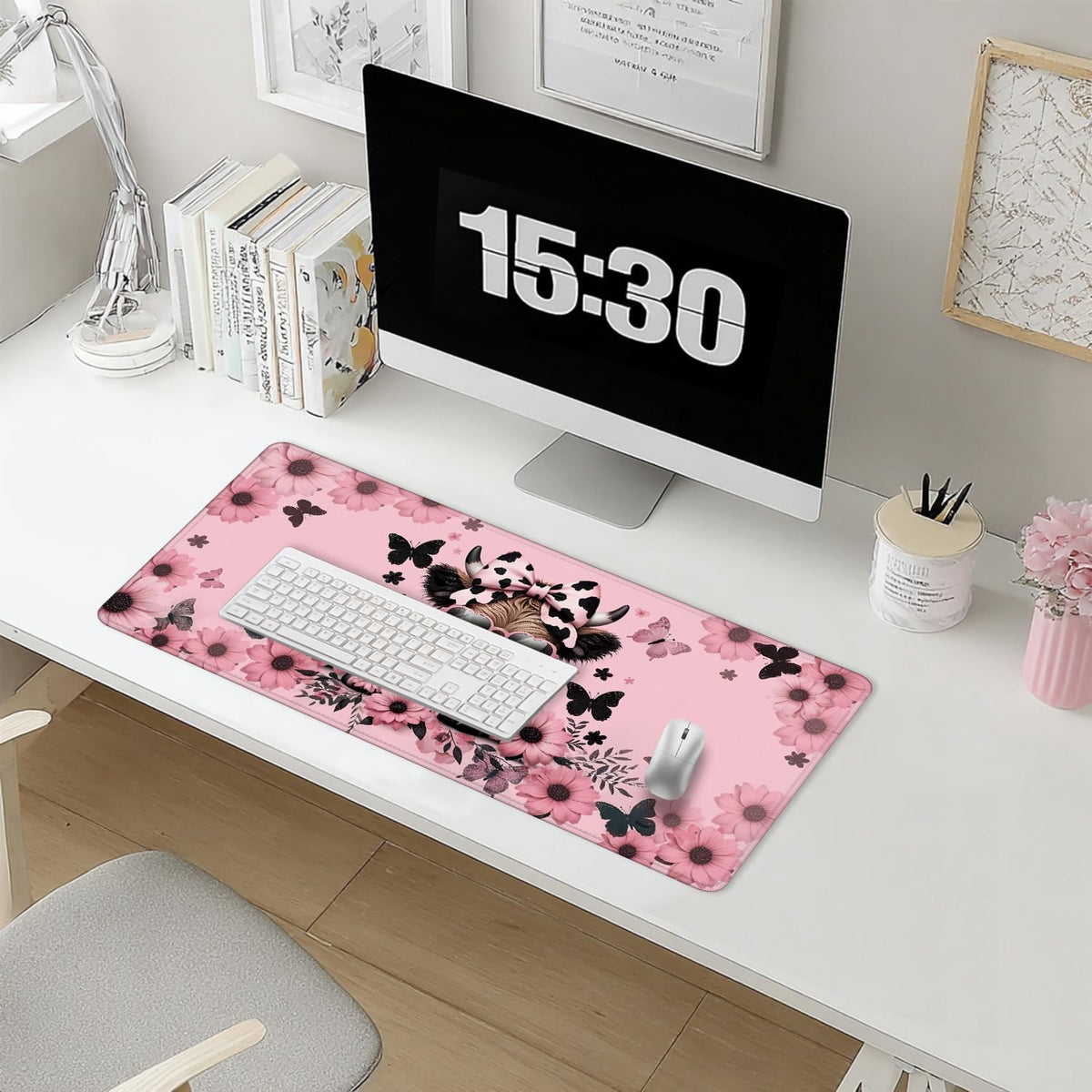 Foritho Funny Pink Floral Highland Cow Mouse Pad 31.5x15.7inch, Cute Heifer Cow Print Mouse Pads