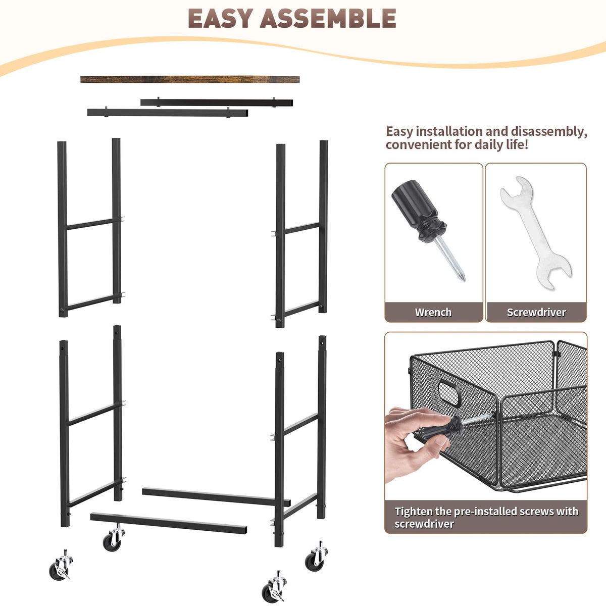 SUNALLY Kitchen Storage Cart with Drawers,Metal Snack Cart Organizer,Black