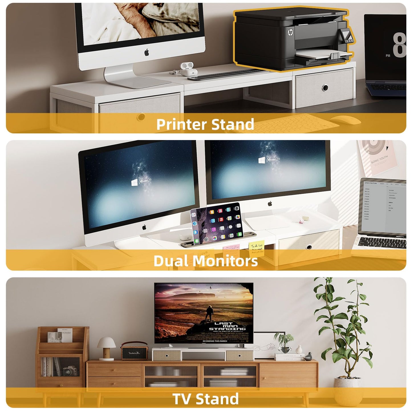 39 Inch Dual Monitor Stand Riser with 2 Drawers - Large White Wooden Computer Stand for 2 Monitors