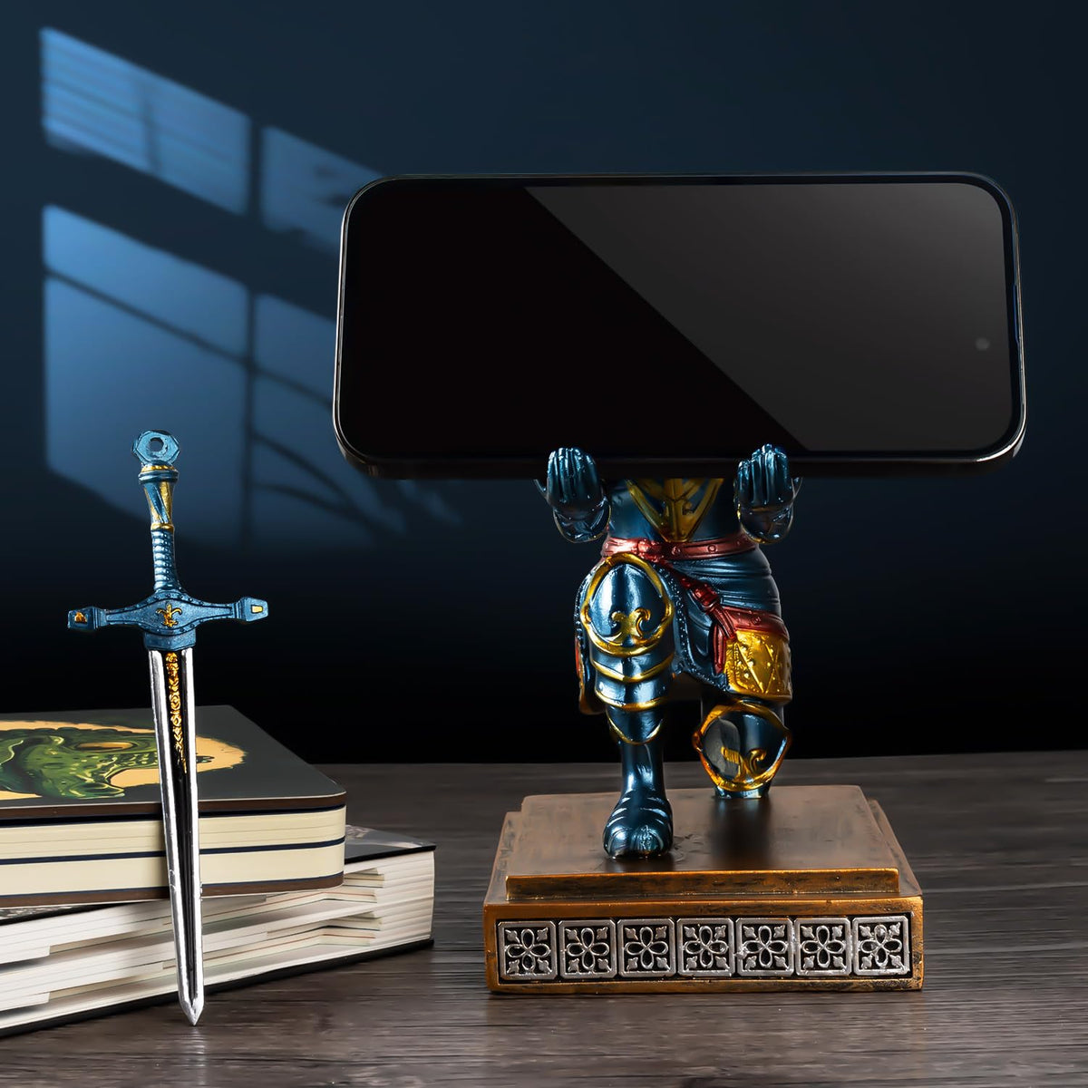 MACLARONX Kneeling Knight Pen Holder with Sword Medieval Warrior Fancy Pencil Stand for Office Desk