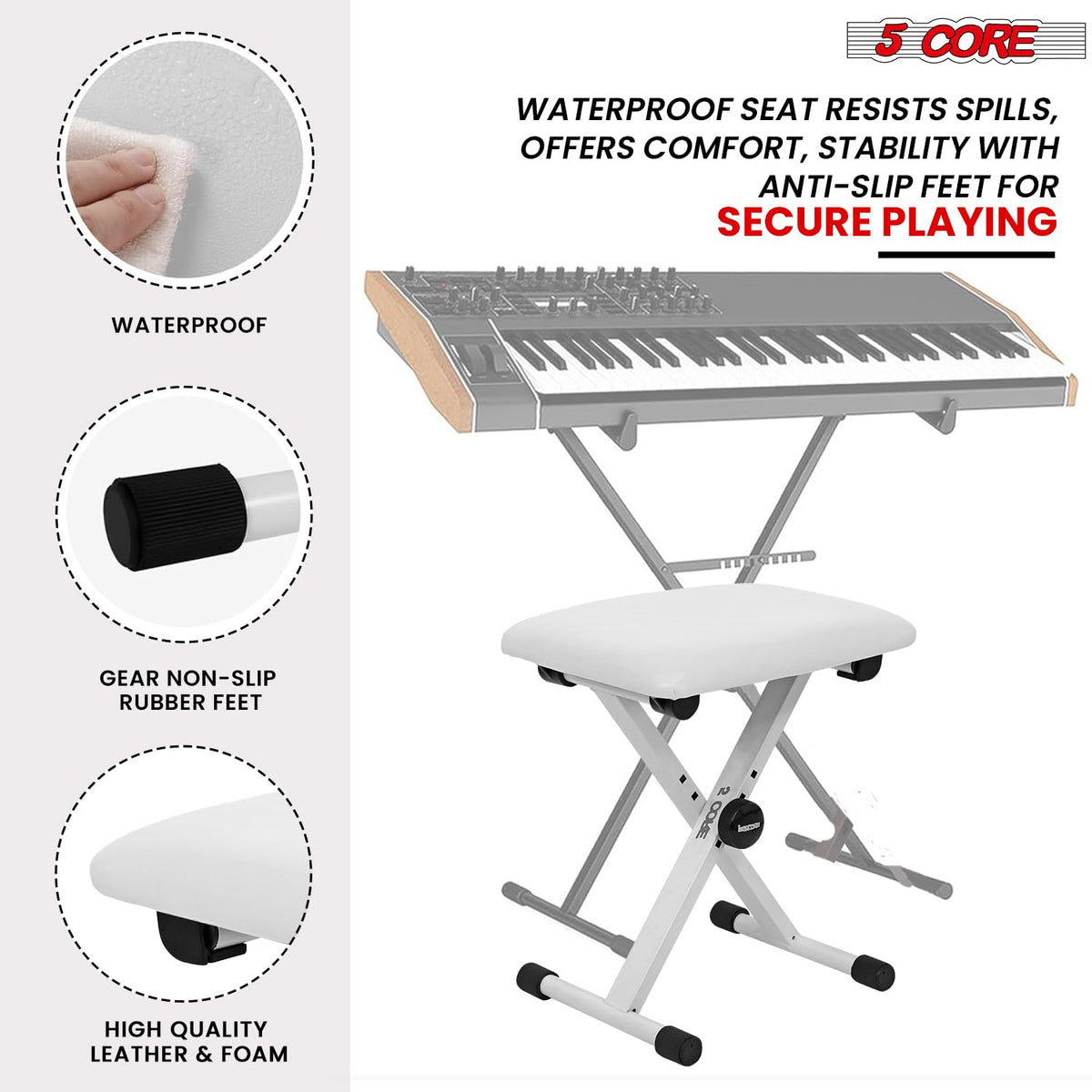 5 CORE Keyboard Bench X Style Padded Cushion Height Adjustable Piano Stool Seat Portable Keyboard
