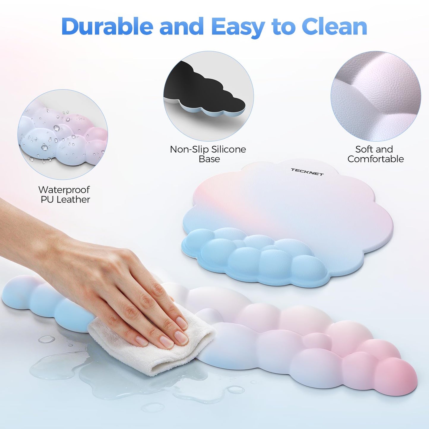 TECKNET Cloud Wrist Rest & Ergonomic Mouse Pad, Cloud Keyboard Wrist Rest with Non-Slip Base, PU