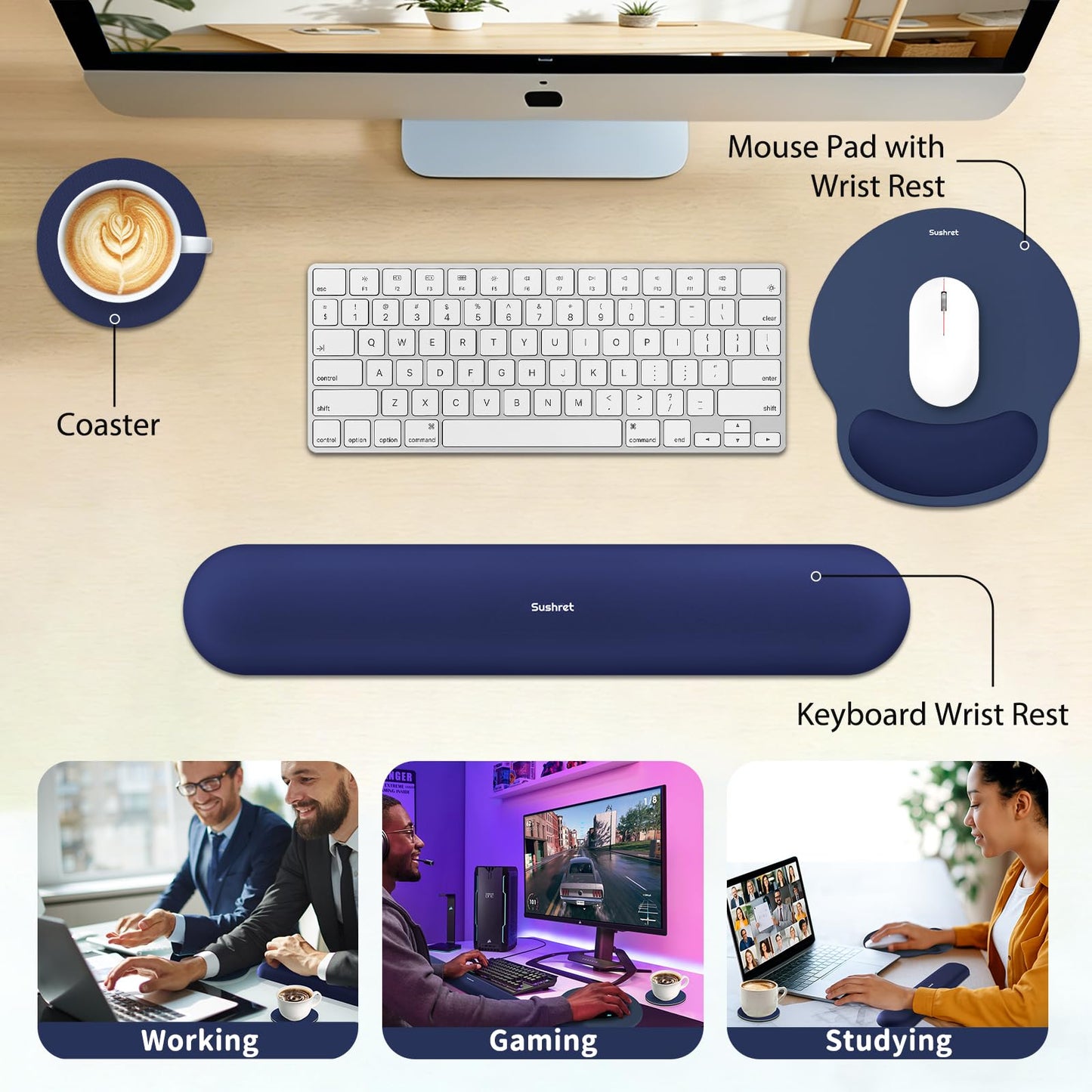 Sushret Mouse Pad and Keyboard Wrist Rest, 3-in-1 Gel Memory Foam Ergonomic Mouse Pad with Wrist