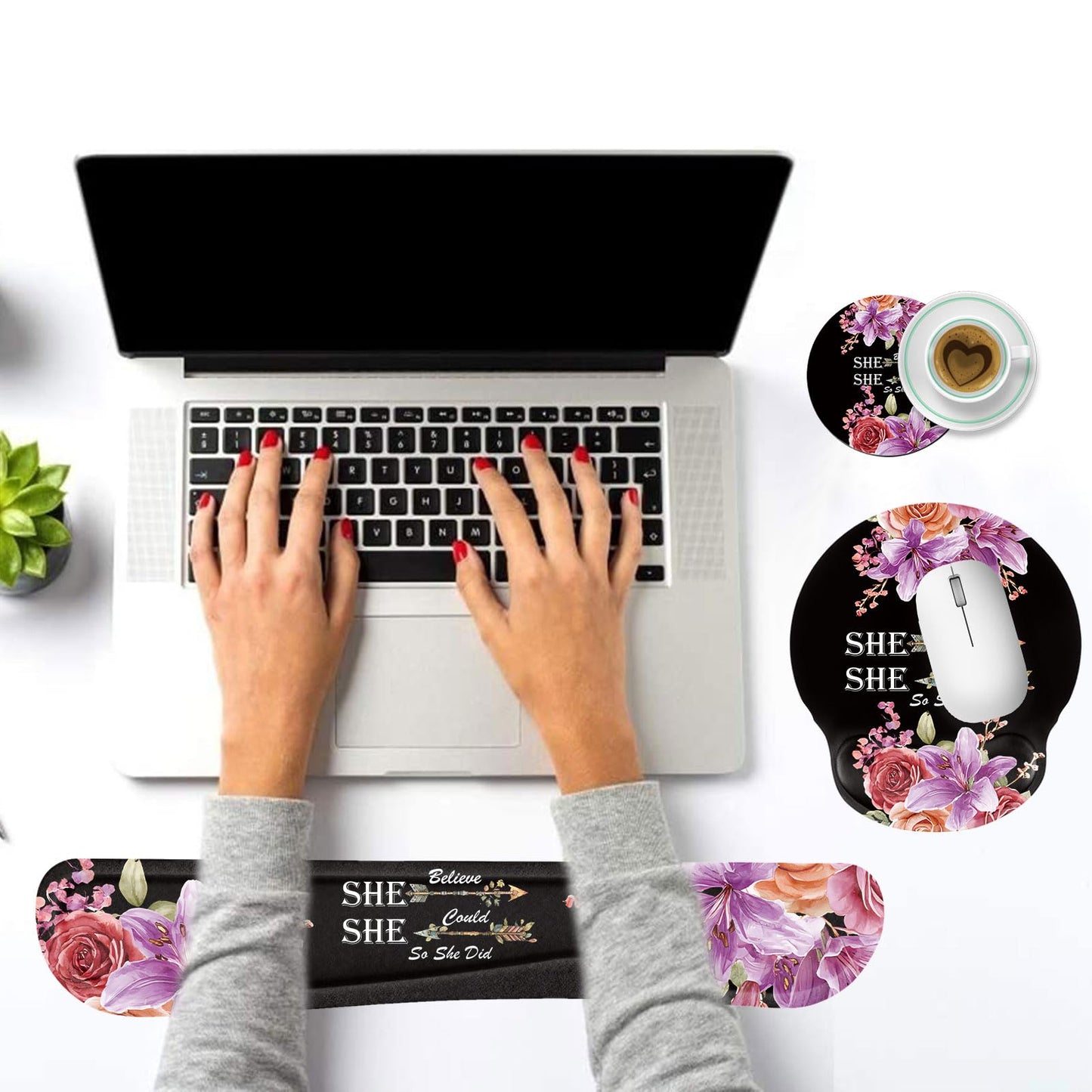 Keyboard Wrist Rest and Mouse Pad Wrist Support Set with Coaster,Non-Slip PU Base for Gaming and