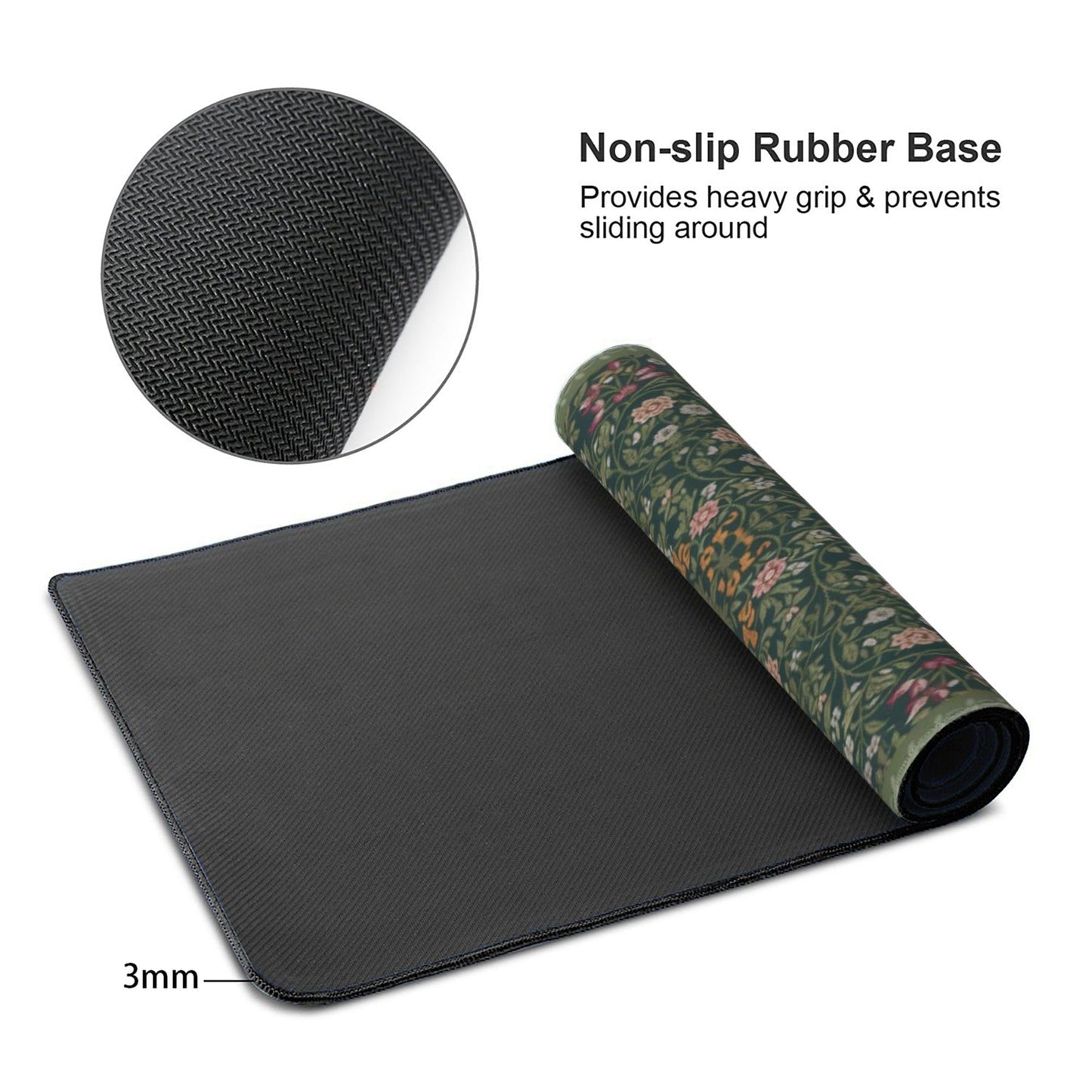 Dark Green Floral XXL Desk Mat, Extra Large Mouse Pad with Anti-Slip Base & Stitched Edges for
