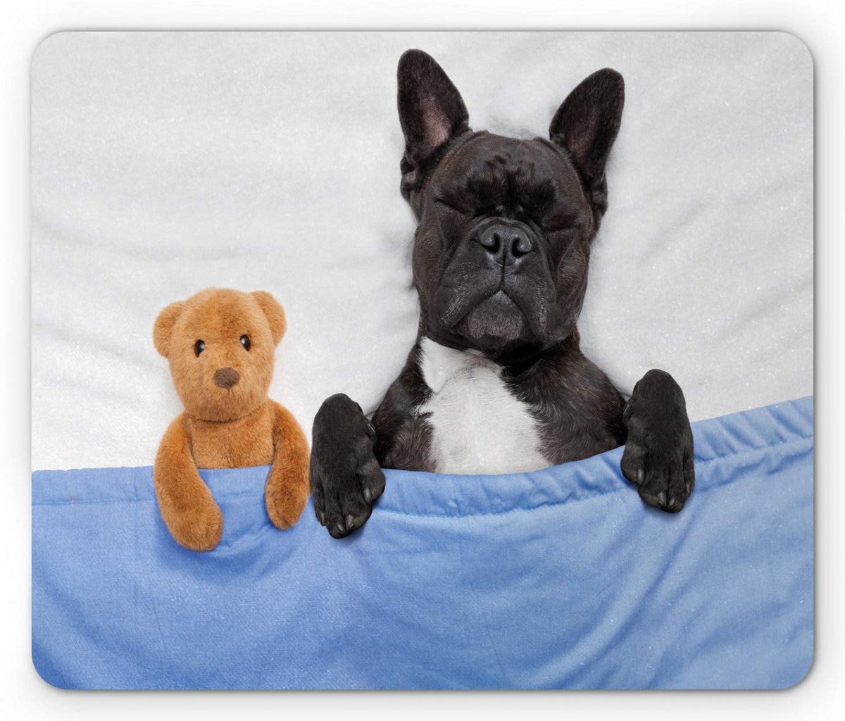 Ambesonne Animal Mouse Pad, French Bulldog Sleeping Teddy Bear in Cozy Bed Best Friends Fun Dreams