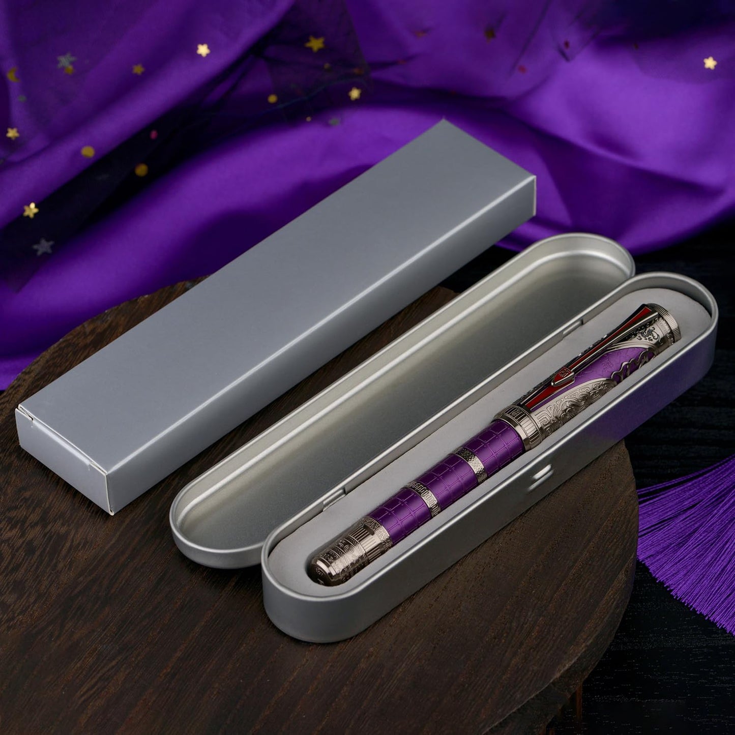 Hongdian D5X Fountain Pen Purple Color Fine Nib, Qin Dynasty Retro Chinese Totem Engraving Smooth