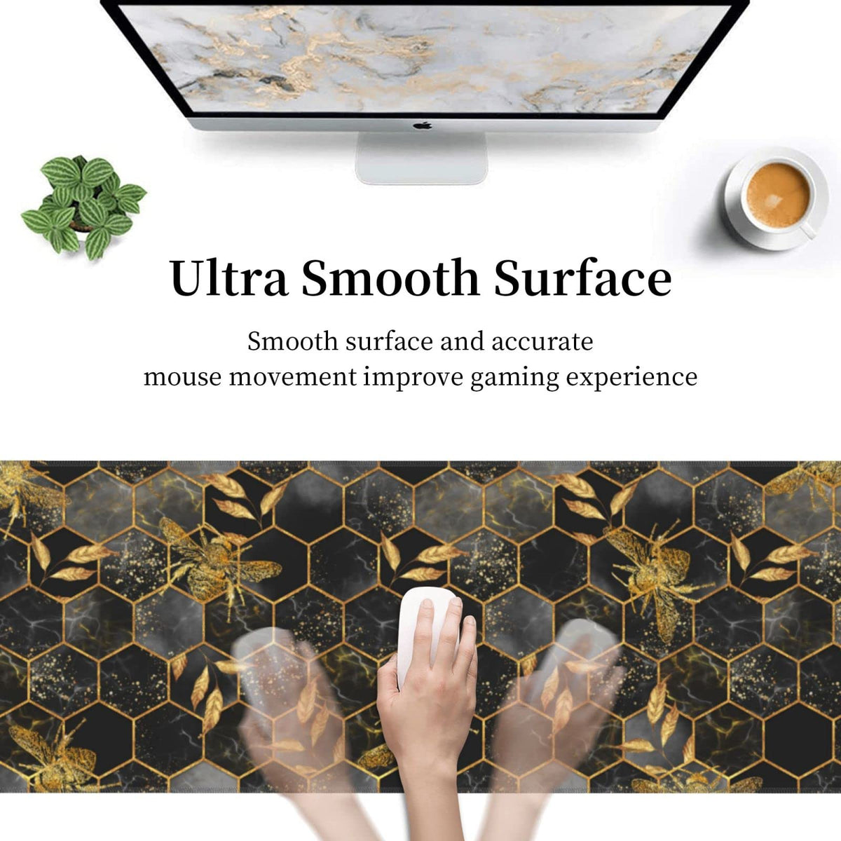 Honeycomb Gold Bee Leaf Hexagon XXL XL Large Gaming Mouse Pad for Desk, Non-Slip Long Extended