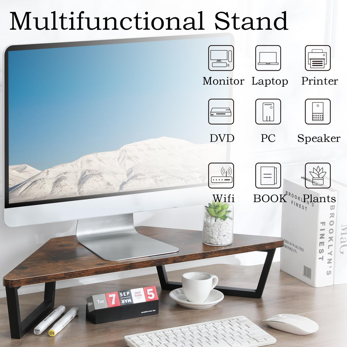 TEAMIX 26 inch Corner Monitor Stand Riser with Keyboard Storage, Espresso