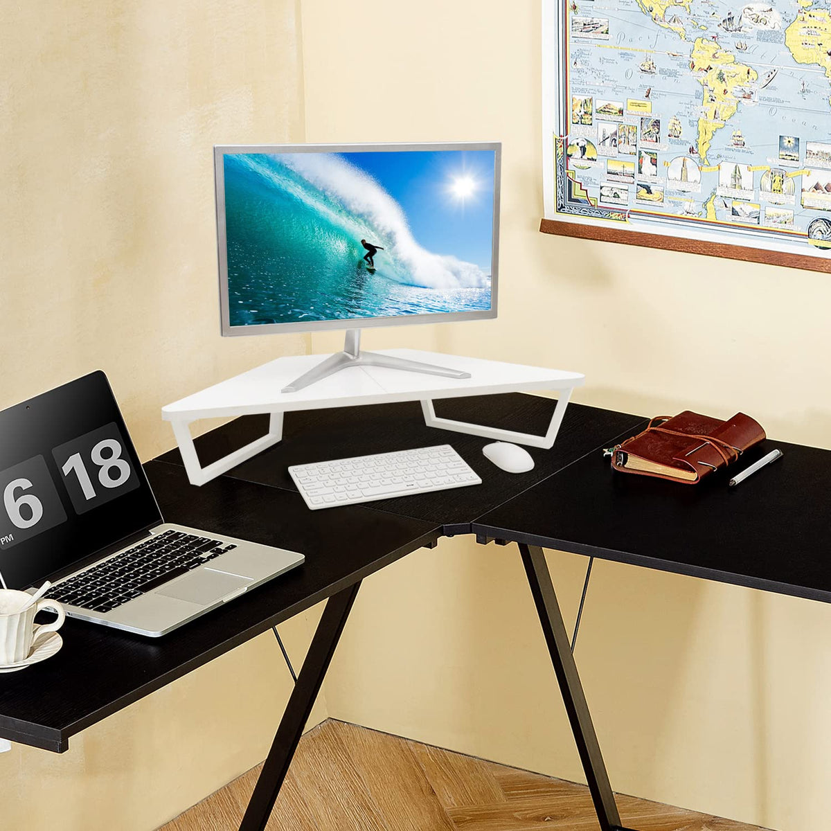 TEAMIX 26 inch White Triangle Monitor Stand Riser, Desktop Corner Shelf with Metal Leg Wood