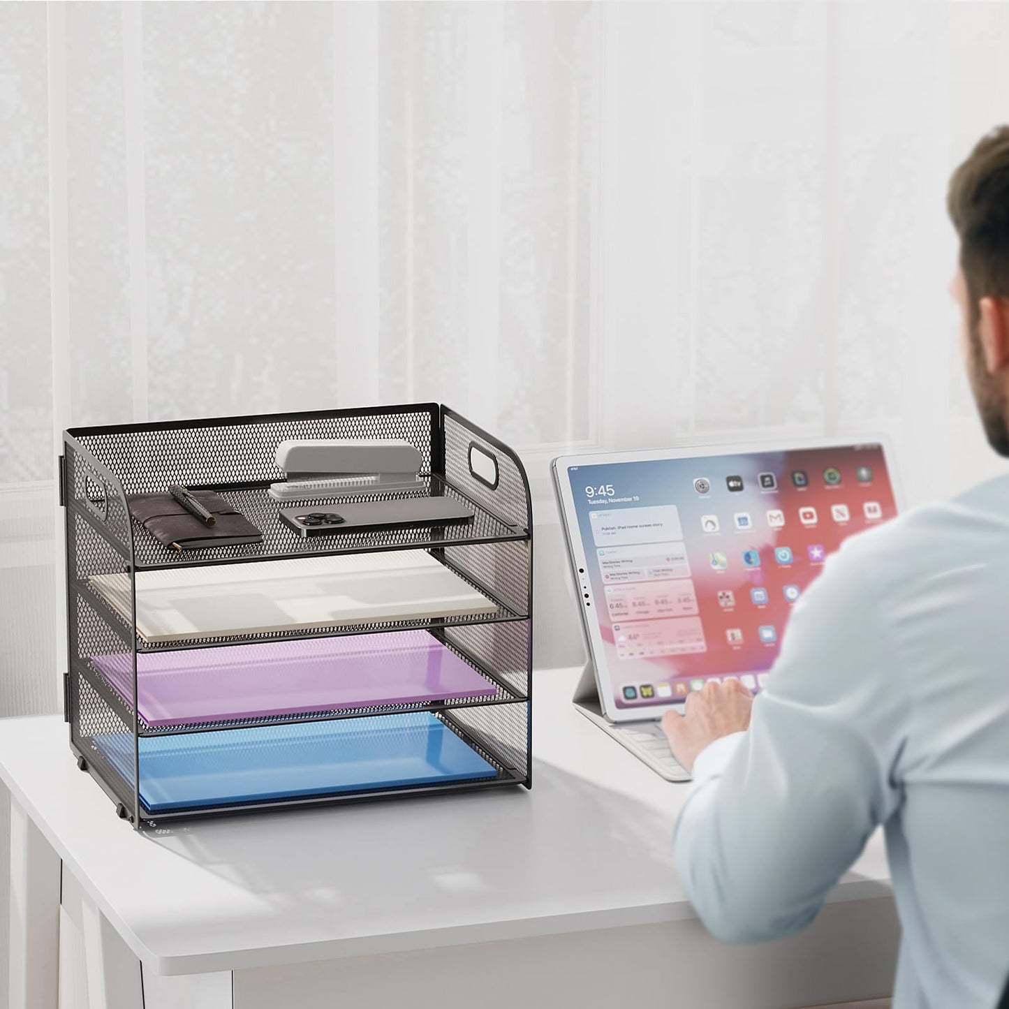 Marbrasse 2 Pack 4 Tier Paper Organizer Letter Tray - Mesh Desk File Organizer with Handle, Paper