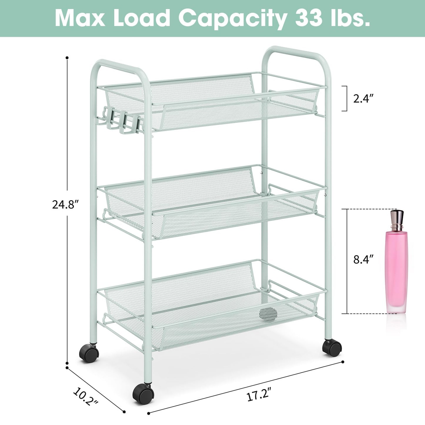 TOOLF 3 Tier Rolling Cart, Metal Utility Storage Cart with Wheels, Green