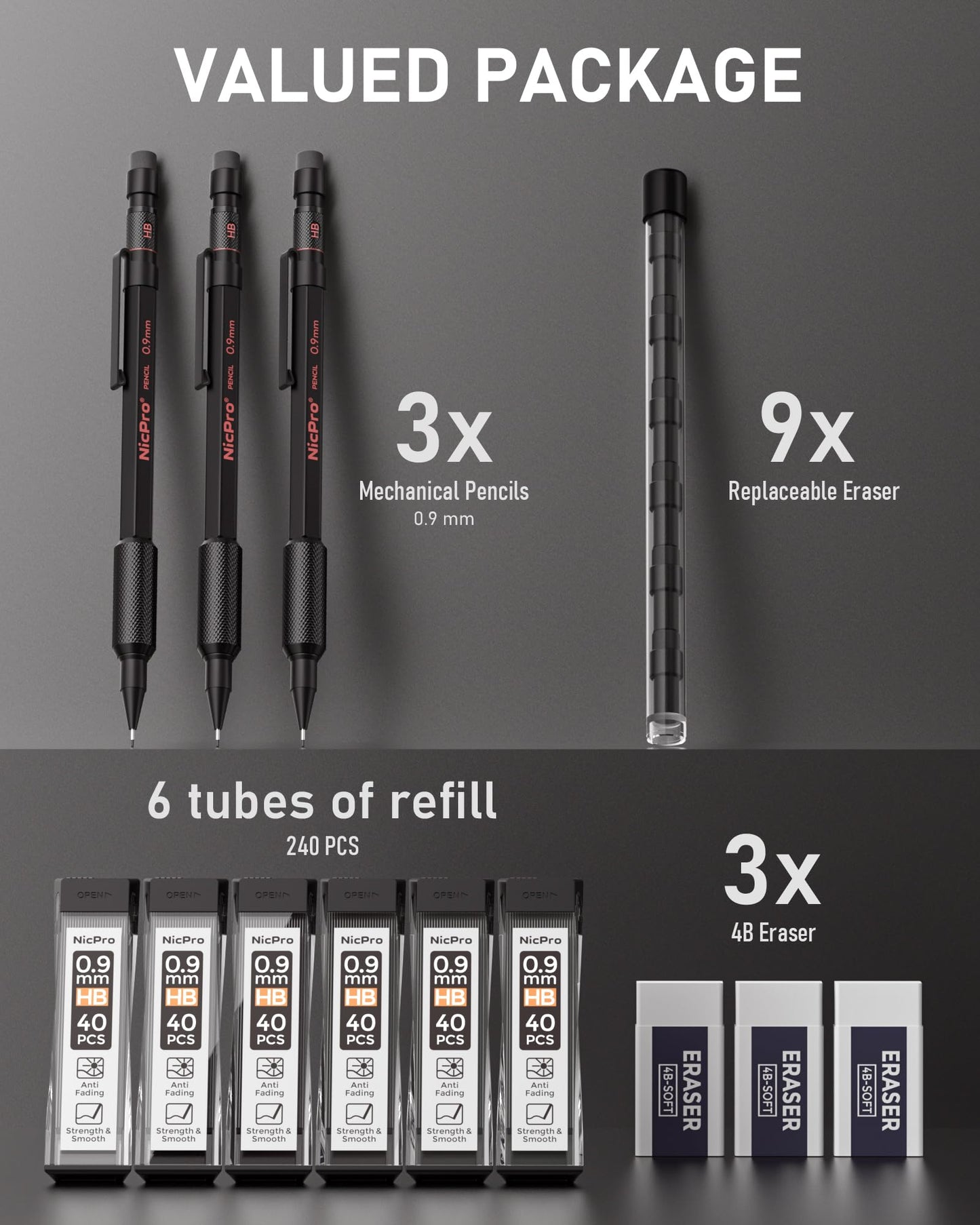 Nicpro 0.9 Metal Mechanical Pencil Set with Case, 3PCS