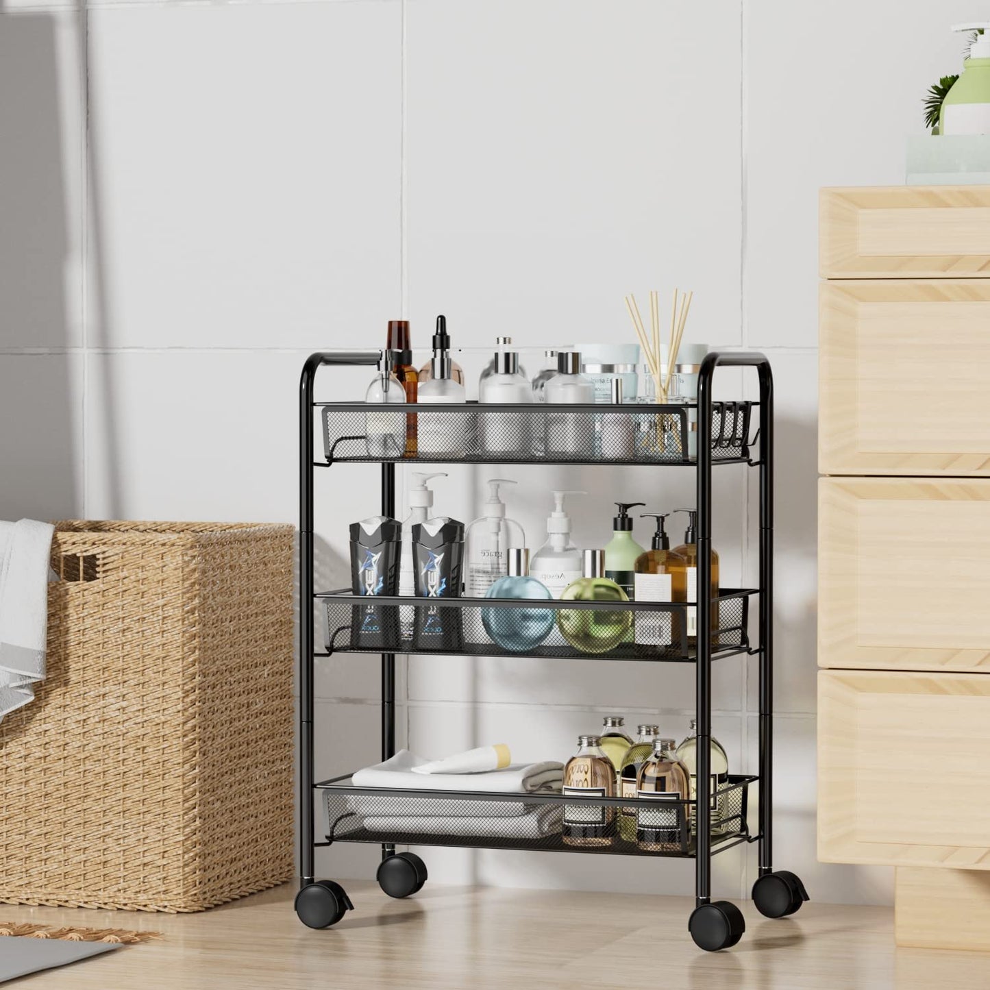 3-Tier Mesh Rolling Cart - 24.8" H Fits Under Desk Metal Cart with Wheel