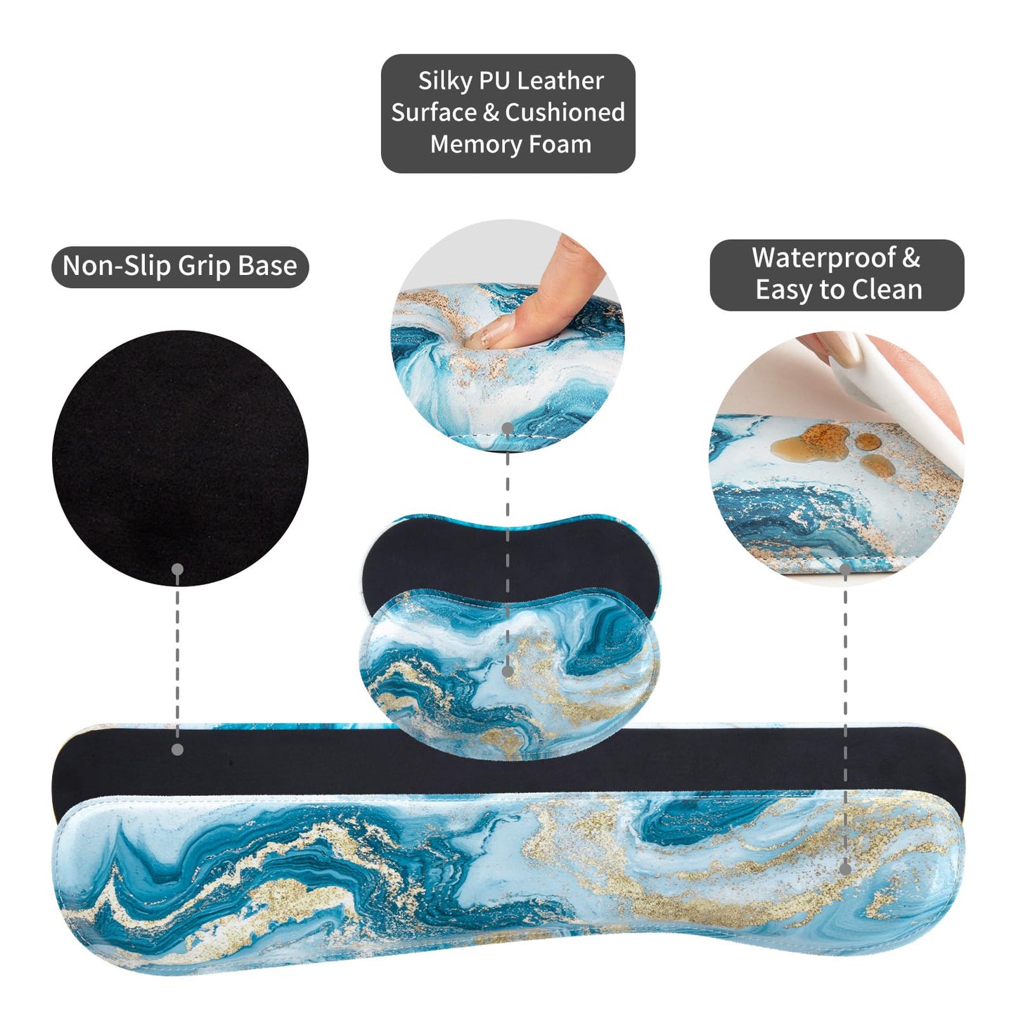 QiyI PU Leather Desk Mat Set, 4-in-1 Ergonomic Wrist Rest, Blue Fluid Art