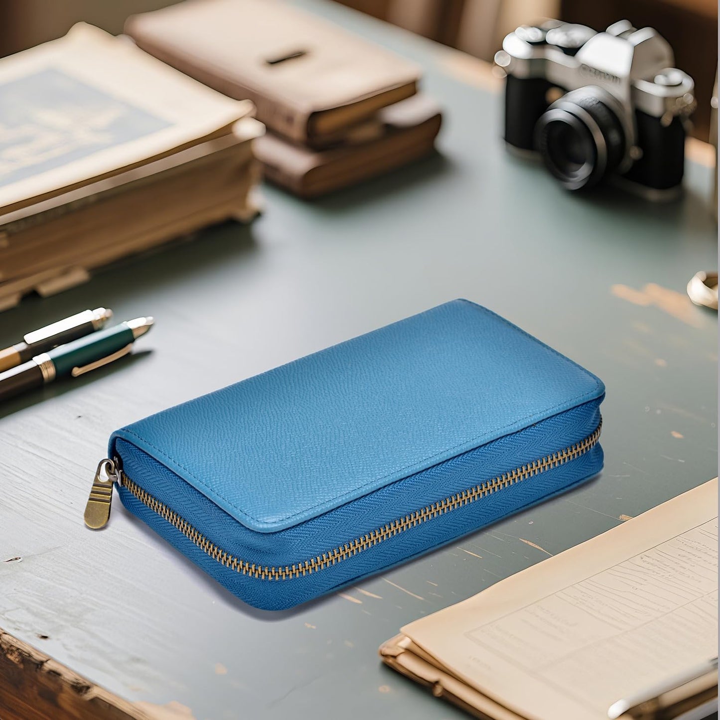 Asvine Fountain Pen Case Genuine Leather Pen Case 10 Divided Slots Blue, Rollerball Pen Holder