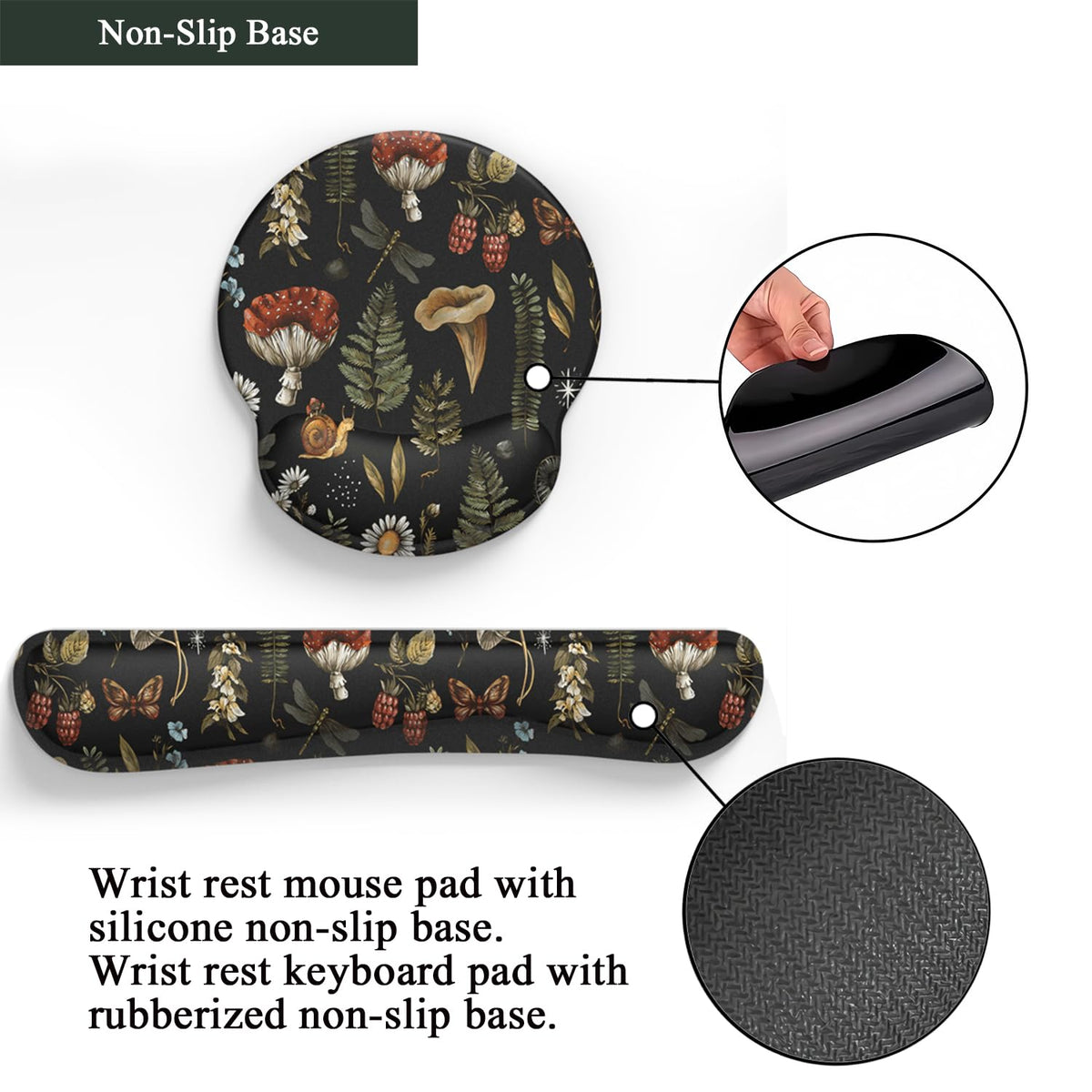Plant Mushroom Mouse Pad Black Aesthetic Ergonomic Desk Pad Wrist Support Keyboard Wrist Rest Set