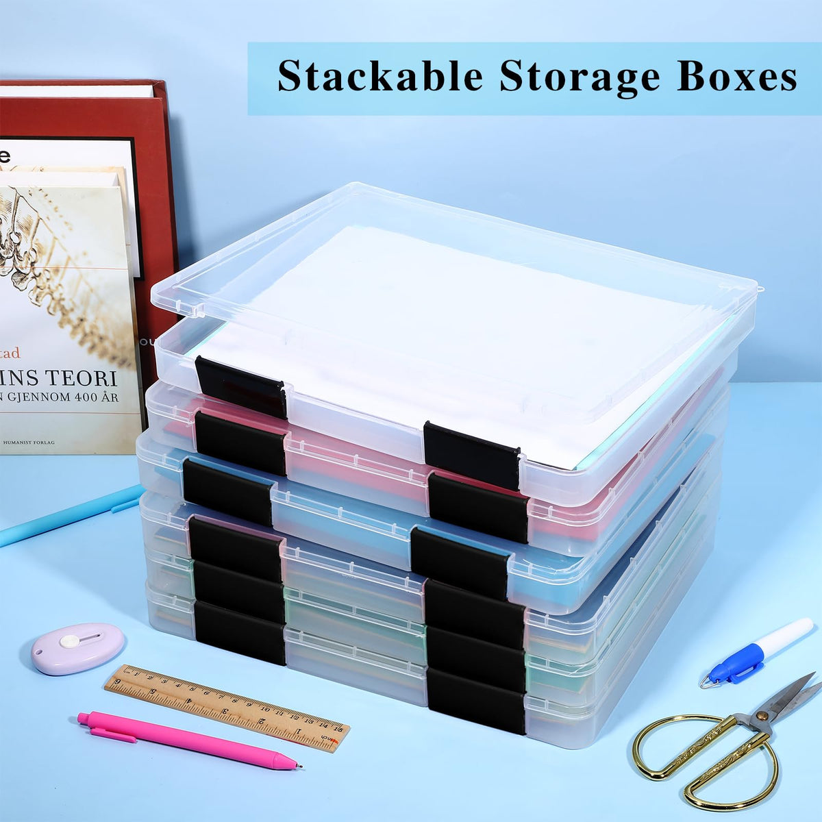 PerKoop 6 Pcs Clear Paper Storage Box,12.4 x 9.84 x 1.18 Inches,Black