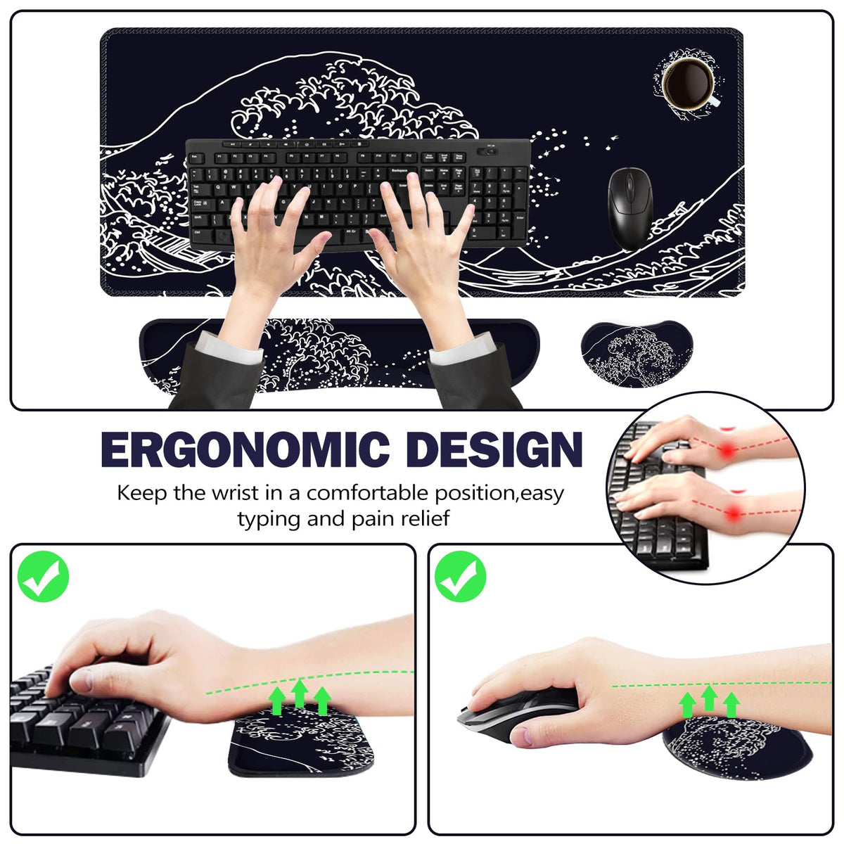 ToLuLu Extended Gaming Mouse Pad, Memory Foam Ergonomic Keyboard Mouse Wrist Rest Support Set
