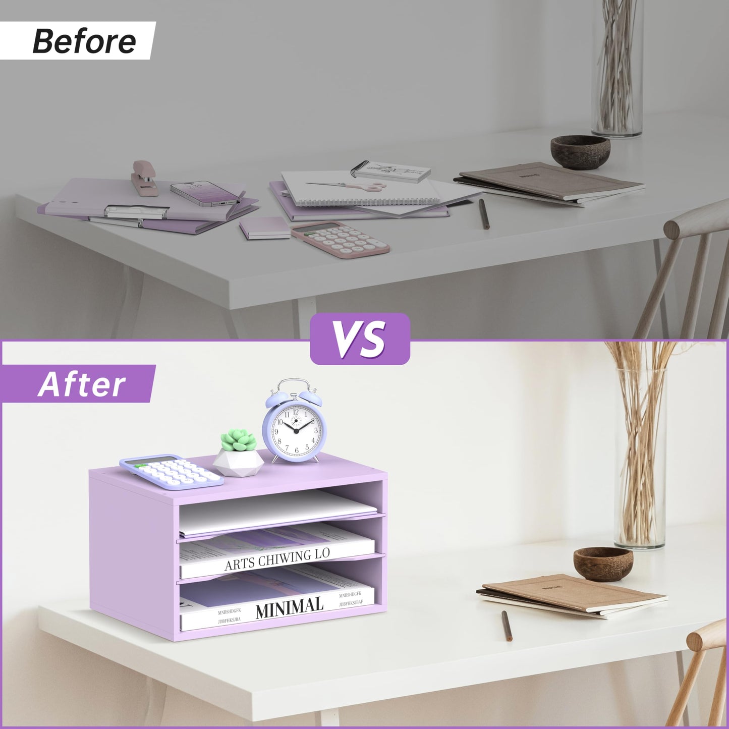 3 Tier Wood Desk Organizer, Paper Organizer for Desk, Purple