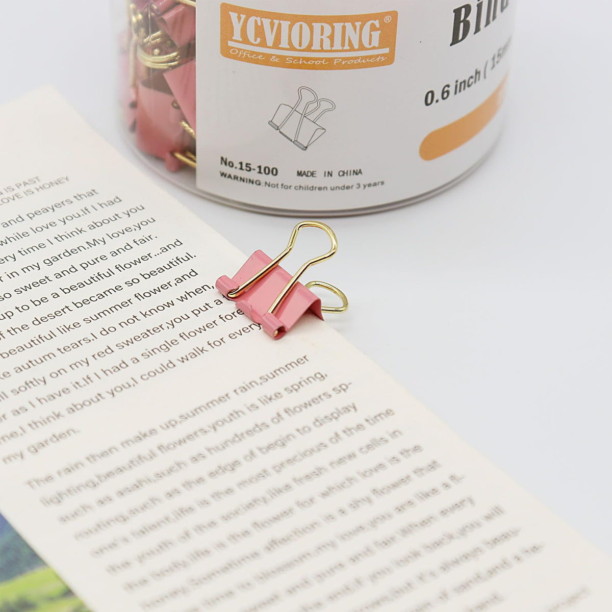Pink Binder Clips, Gold Handles Mini Paper Clip, Small Paper Clamps 15mm (5/8 inch), 100 Pack Micro