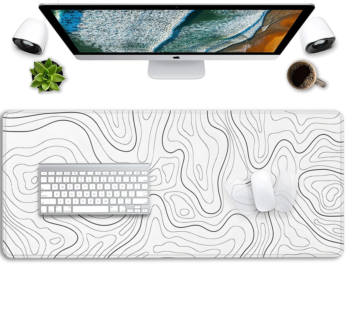 White Topographic Mouse Pad,Gaming Desk Pad with Stitched Edges Non-Slip Rubber Base Extended XL