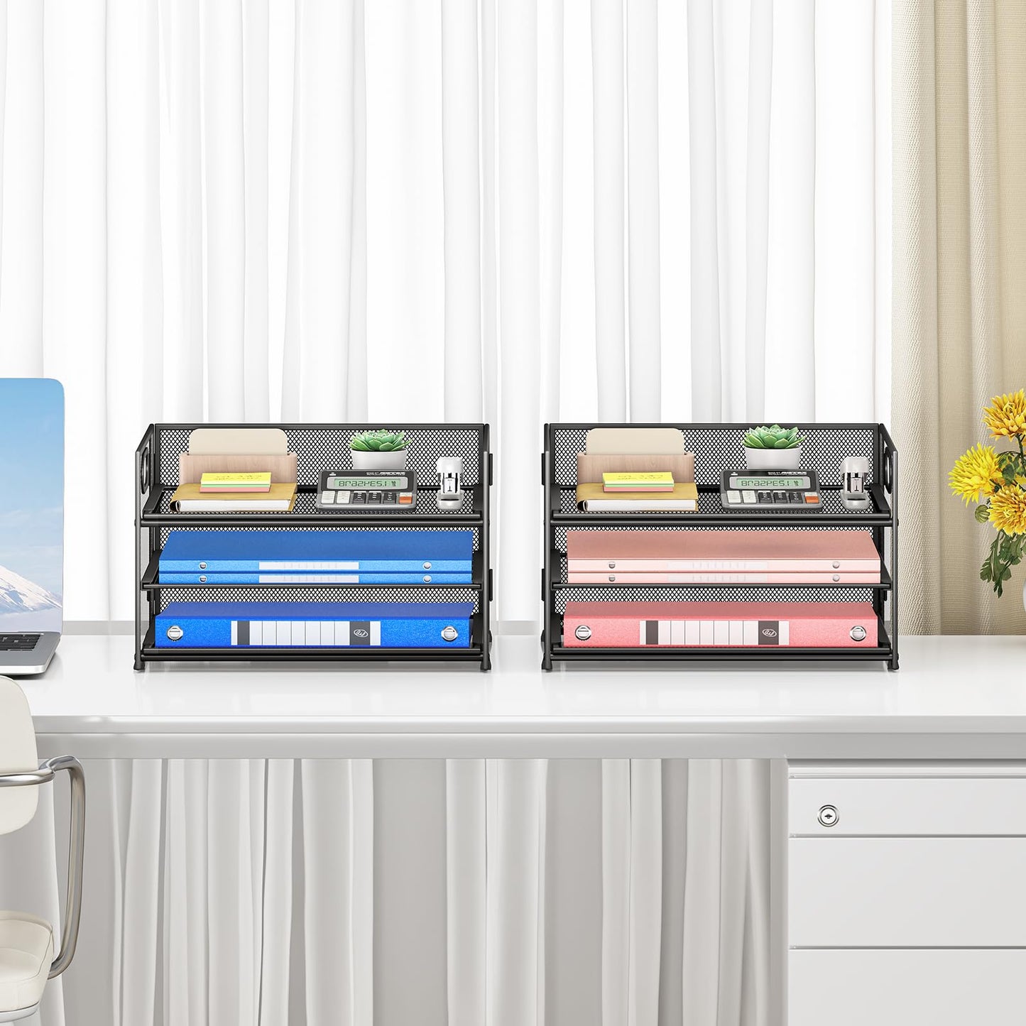 Subekyu 2-Pack 3-Tier Paper Letter Tray Organizer for Desk, Black Metal Mesh File Sorter Organizer