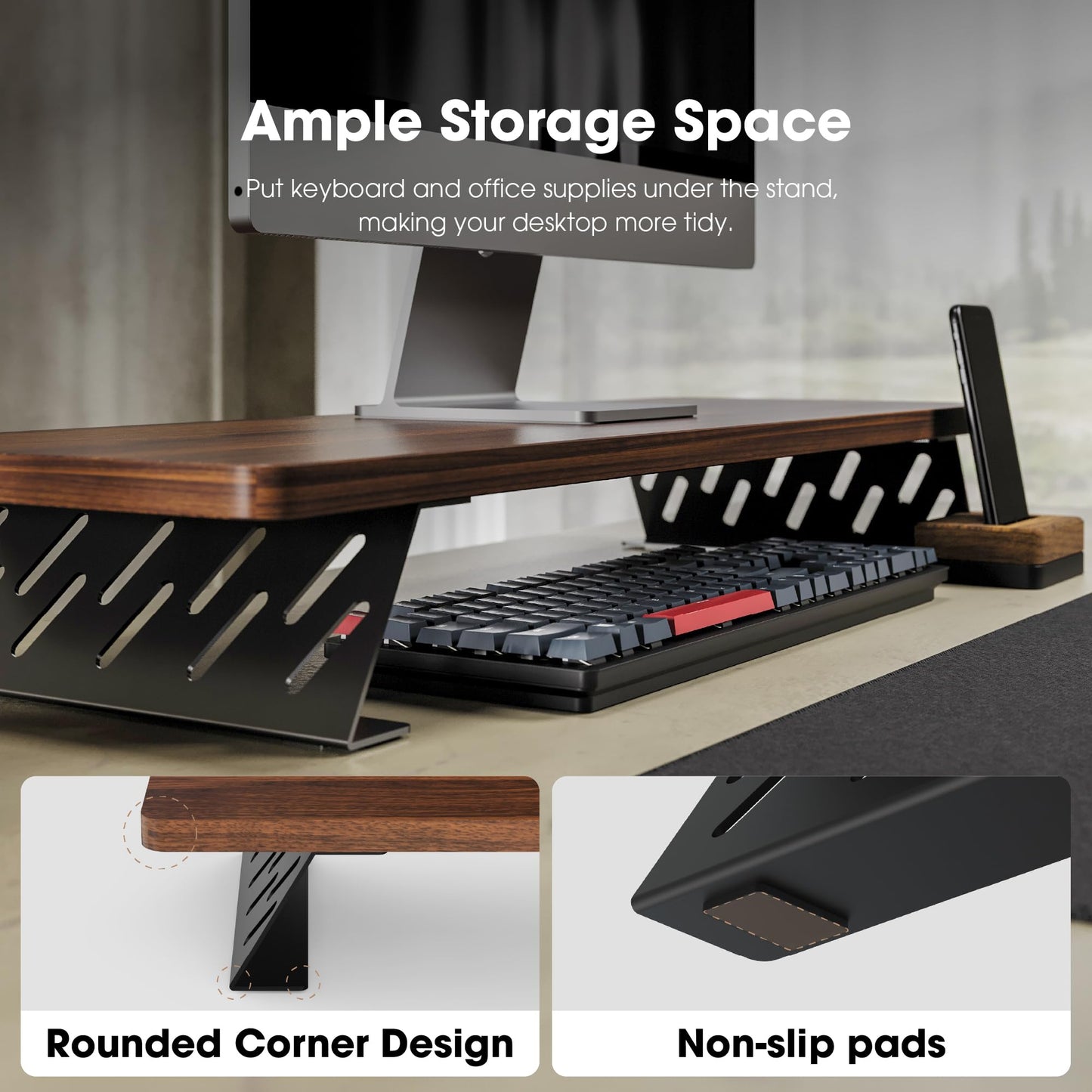 Fenge Monitor Stand Riser, Wooden & Metal Desk Shelf Organizer, Brown