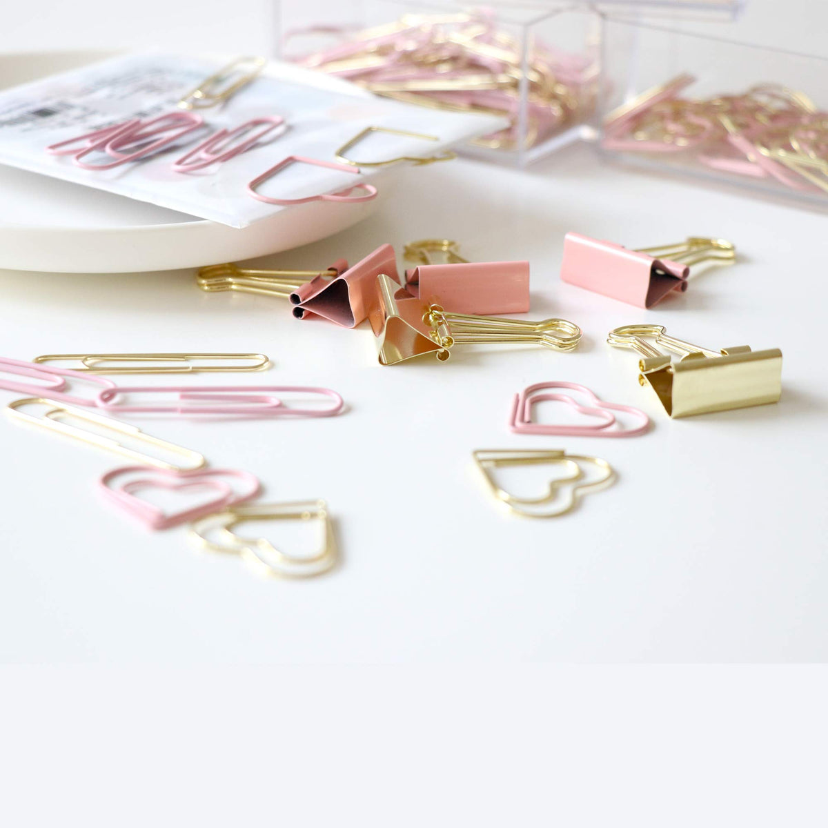 Gold Pink Binder Clips and Paper Clips Set (3-in-1 Boxed), for Office School Supplies Teachers