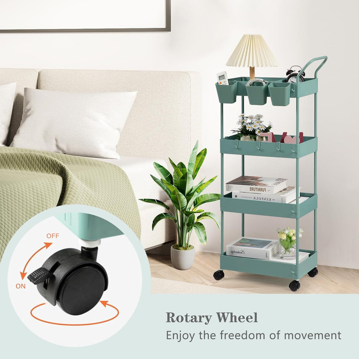 danpinera Slim Storage Cart on Wheels, 4 Tier Narrow Laundry Cart with Hooks Hanging Cups Dividers