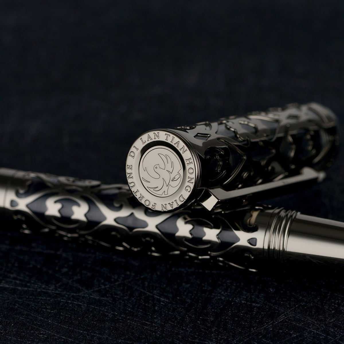 HONG DIAN D1 Piston Fountain Pen Fine Soft Nib, Jet Black Hollow Skeleton & Resin Pen with Metal