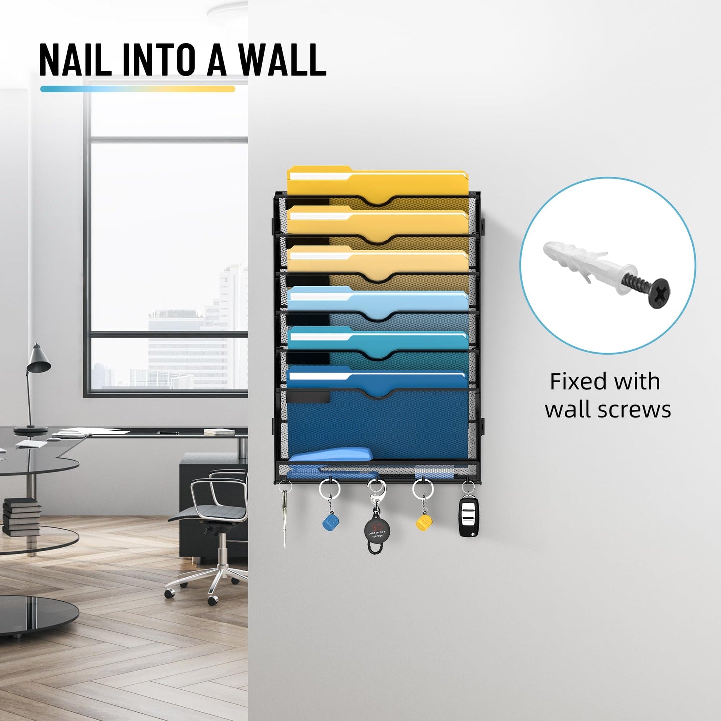 7-Tier Hanging Wall File Organizer with Hooks for Office Organization