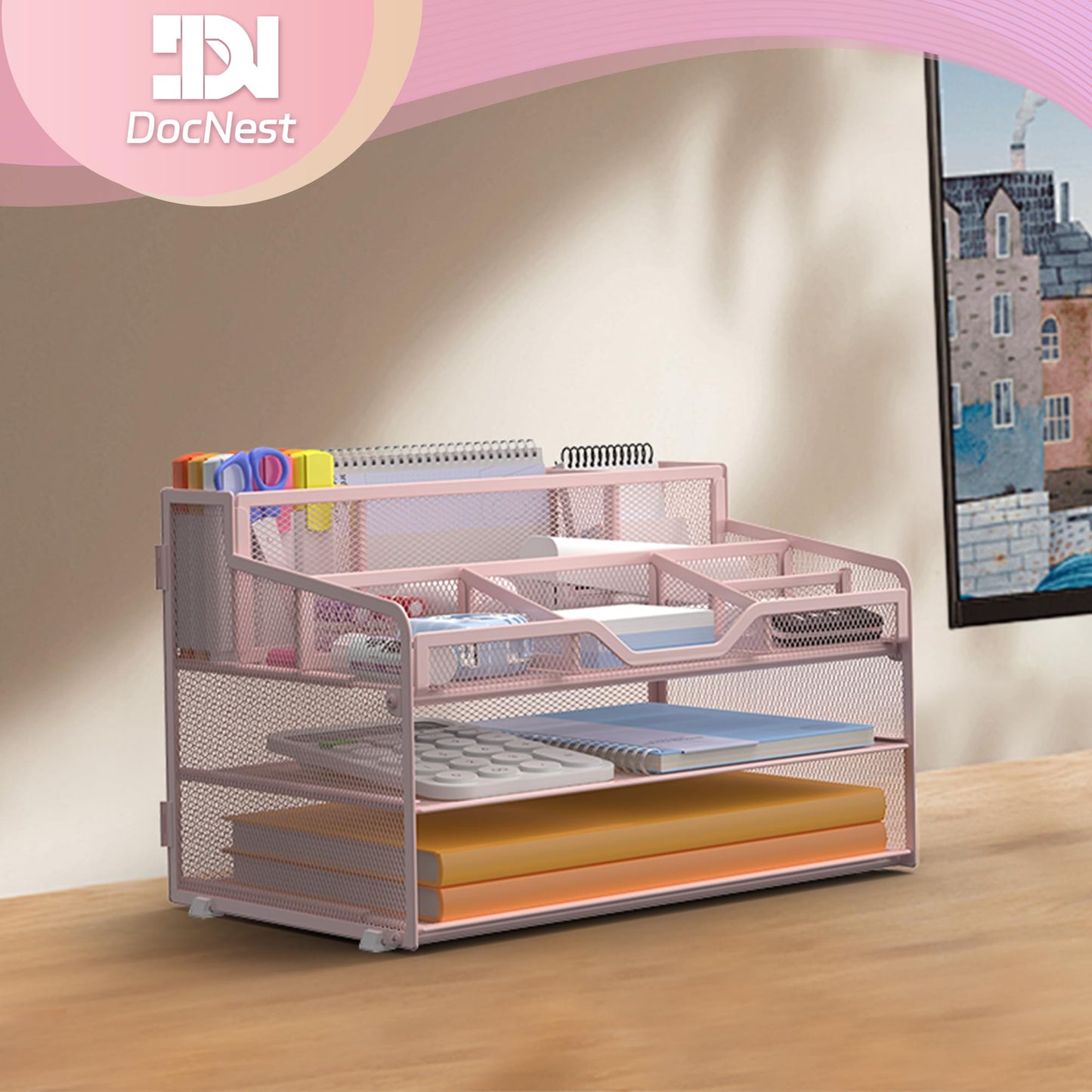 Docnest 3 Tier Mesh Desk Organizer with Letter Tray & Paper Sorter, Pink