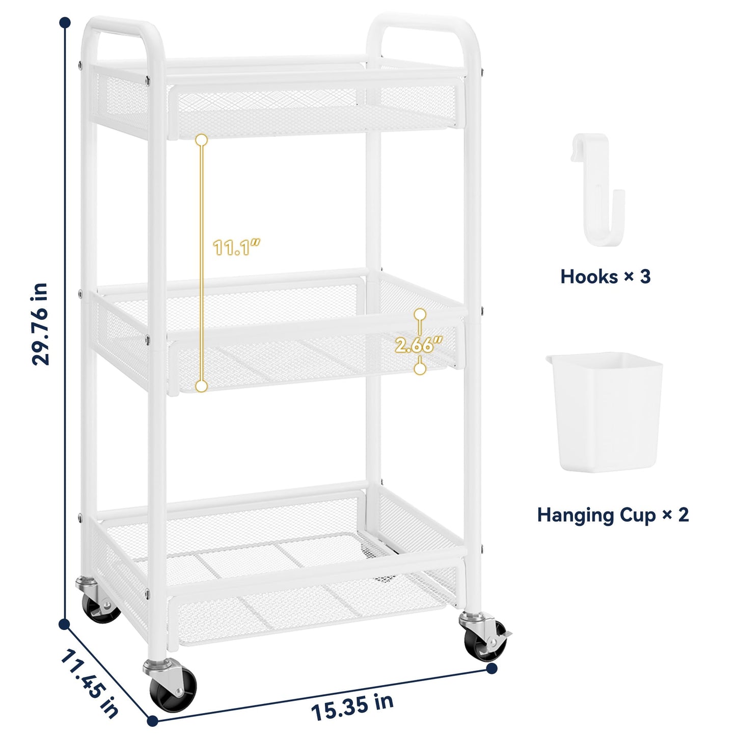 YASONIC 3 Tier Metal Rolling Cart, White Utility Storage Cart with Wheels