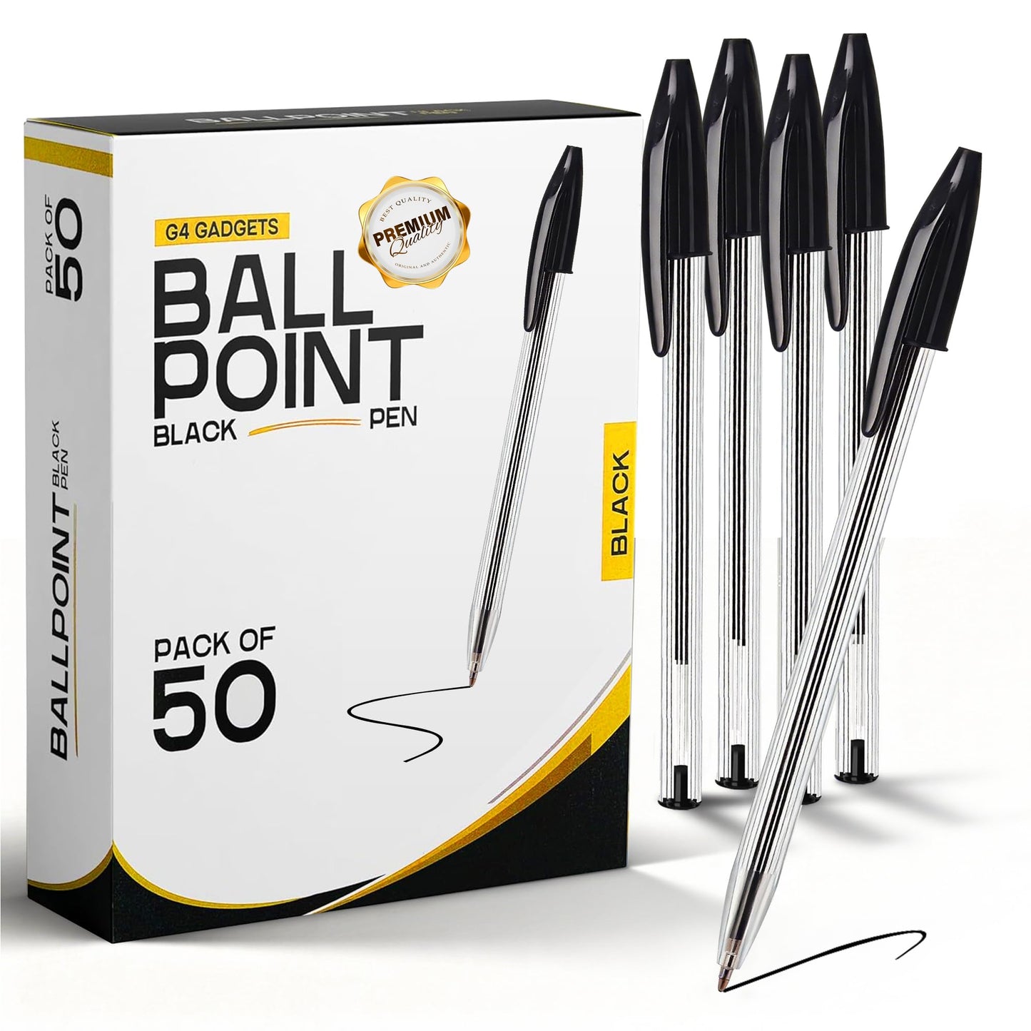 G4GADGET Premium Pack of 50 - Medium Tip Fluent Smooth Writing Black Biro Ballpoint Pens,14.5cm