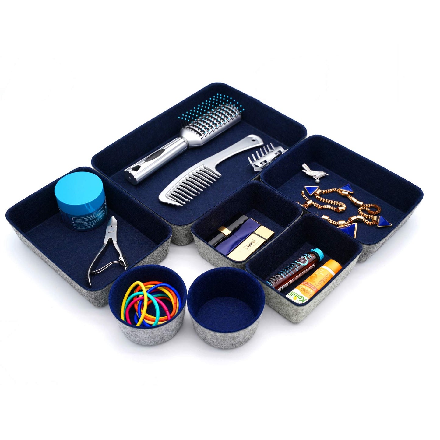 Welaxy 7 Piece Felt Desk Drawer Organizer Storage Bin Navy Catchall Tray
